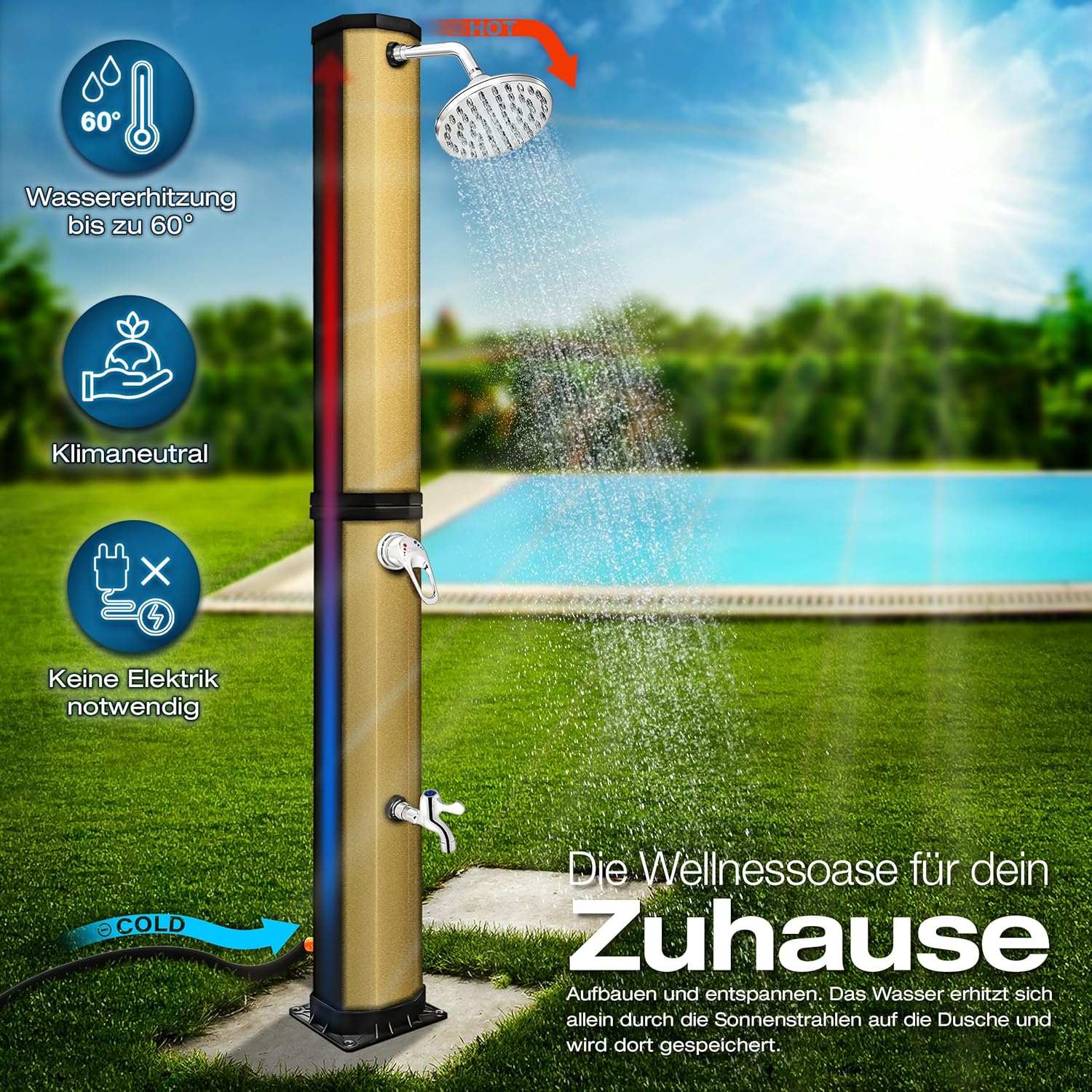 Thumbnail 2 de tillvex Solardusche 60 Liter inkl. Abdeckung – warme Gartendusche für Pool, Camping & Garten ohne Stromanschluss