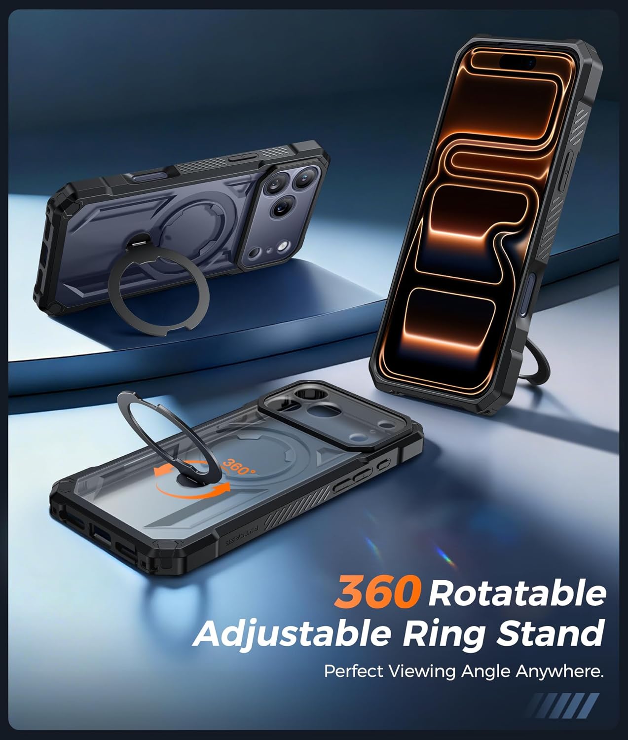 Thumbnail 3 de FNTCASE for iPhone 17 Pro Max Case with MagSafe + 360° Magnetic Kickstand + Tempered Glass Screen Protector (Black)