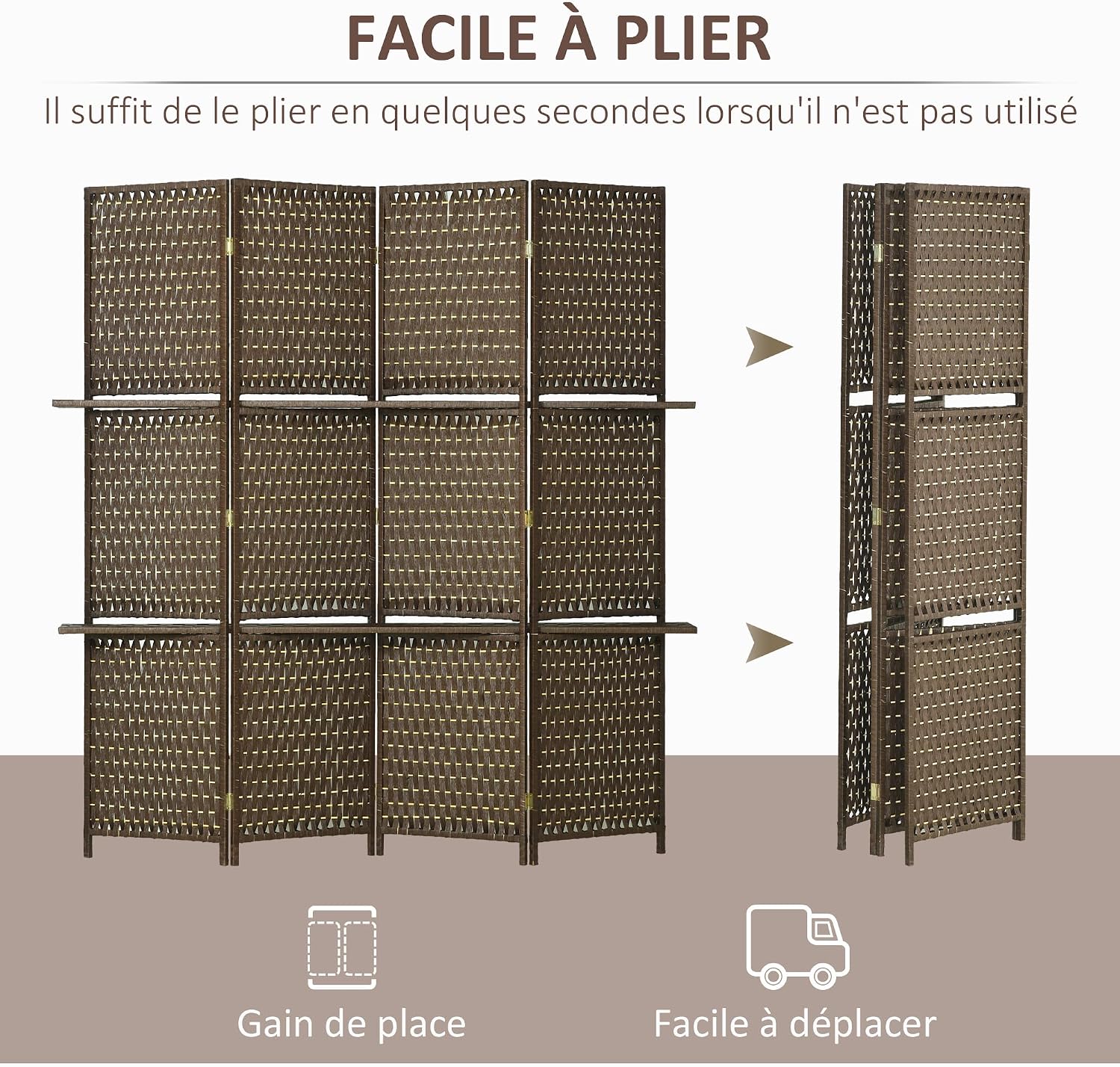 Detalle de HOMCOM Paravent intérieur à 4 panneaux avec 2 étagères (bois de pin, bambou, fibres de papier tressées)