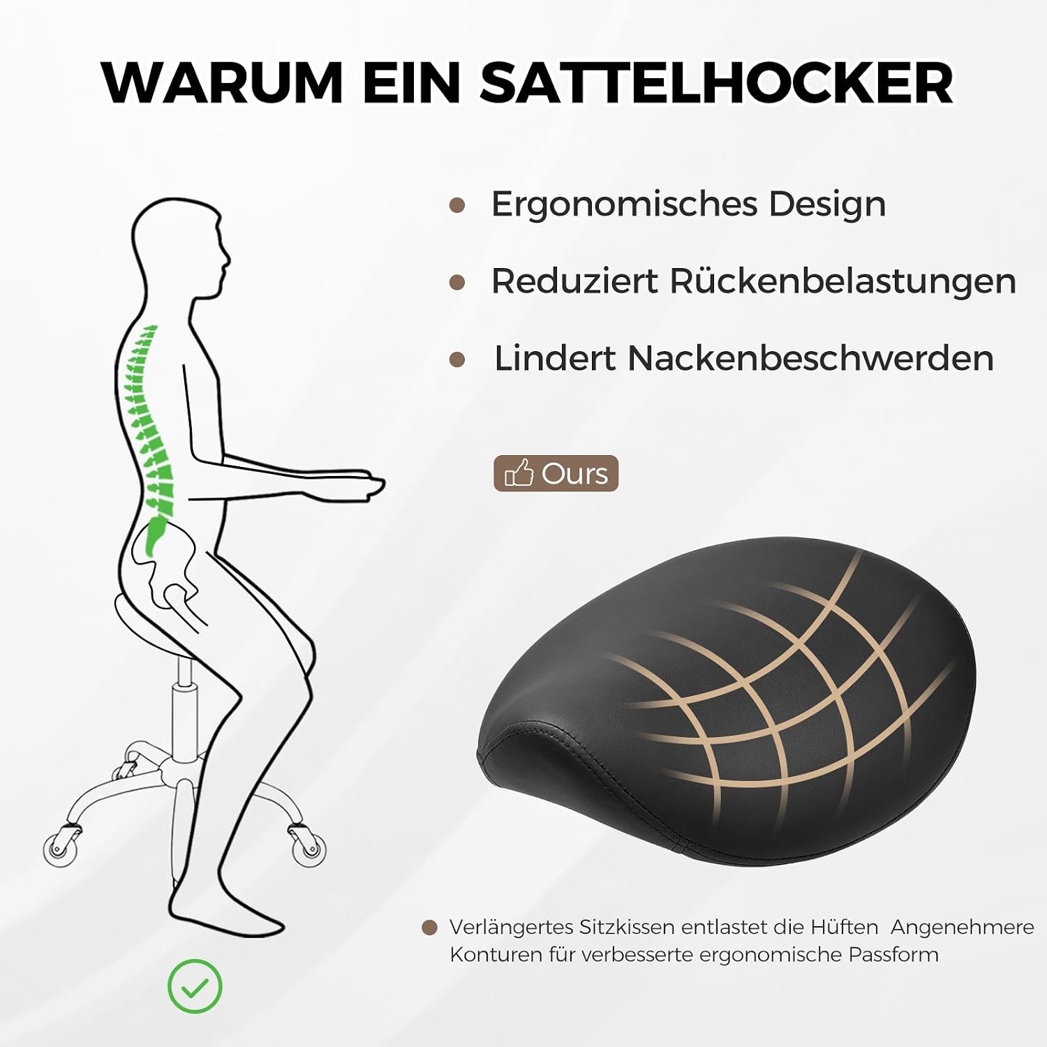 Thumbnail 4 de BEWISHOME Sattelhocker Höhenverstellbar 360° Drehhocker