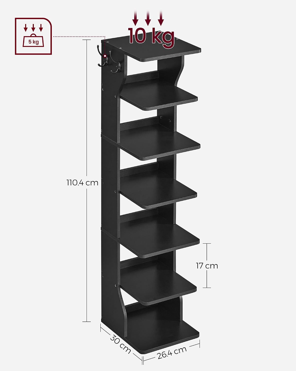 Detalle de VASAGLE LBS200T16 Slim Shoe Rack, Black Engineered Wood Stand with Hooks