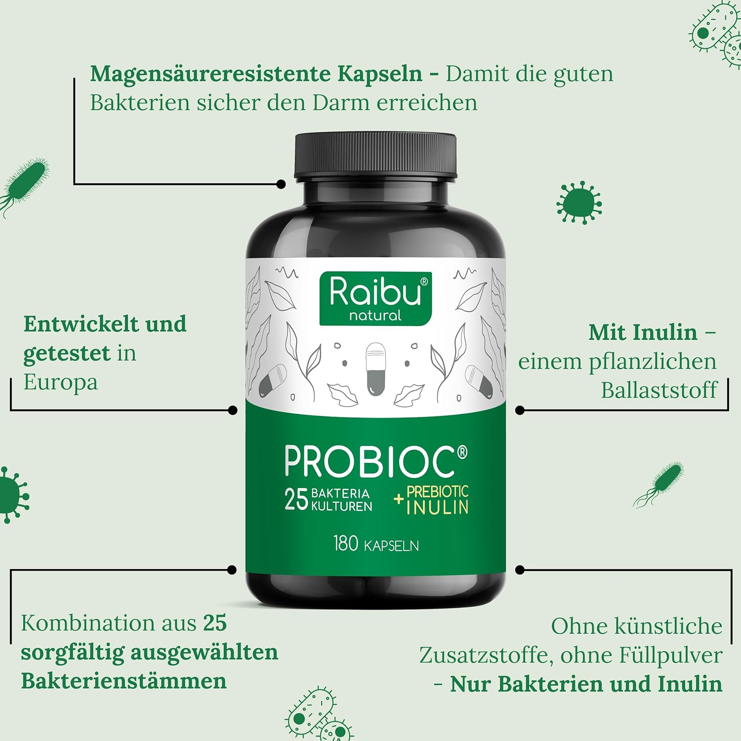 Detalle de Probioc Kulturen Komplex – 25 Bakterienstämme + Inulin, 180 Kapseln, magensaftresistent