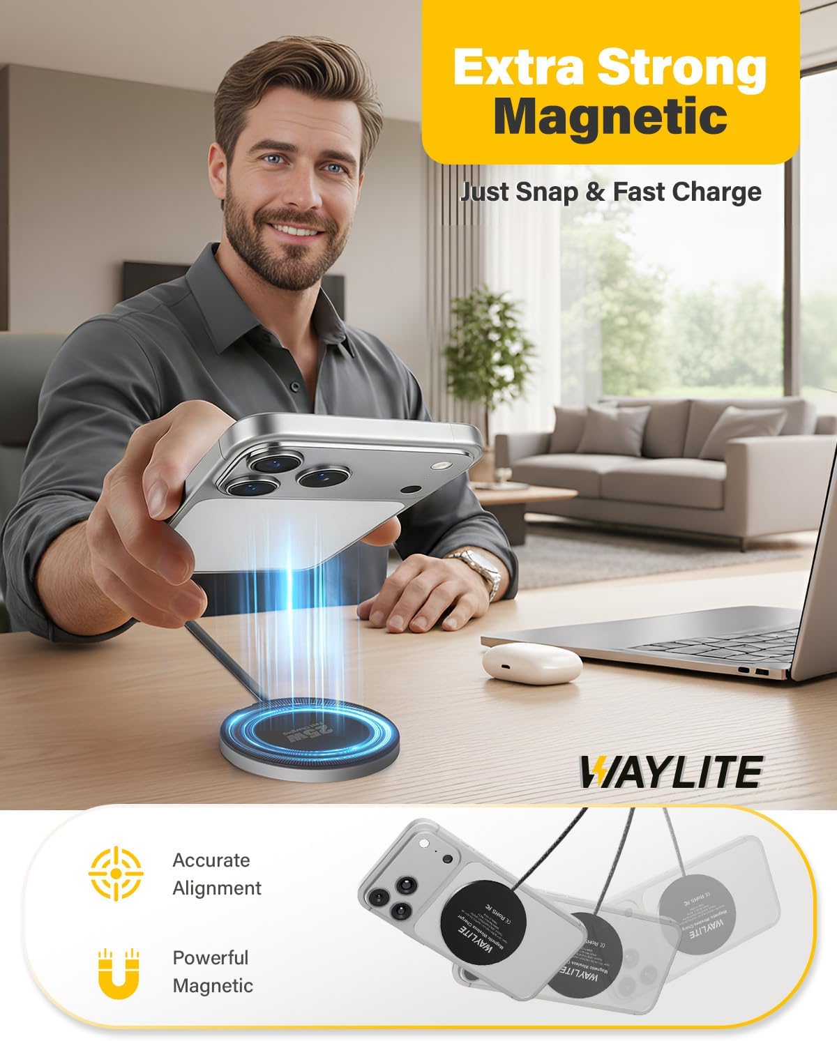Detalle de 25W Magnetic Wireless Charger (2-Pack) with 6FT Cable — Ultra-Slim, Portable MagSafe Charging for iPhone, AirPods, Galaxy, Pixel