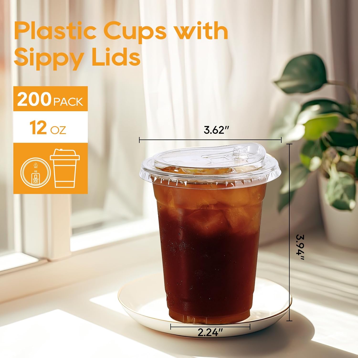 Detalle de Turbo Bee 12 OZ 200 Sets Clear Plastic Cups with Strawless Sip Lids