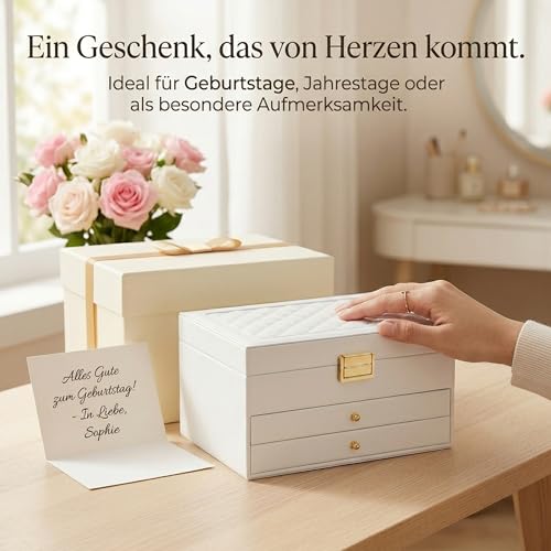 Thumbnail 7 de AJIEQAQ Schmuckkästchen Weiß mit Spiegel – 3 Ebenen, 2 Schubladen, praktische Schmuckaufbewahrung