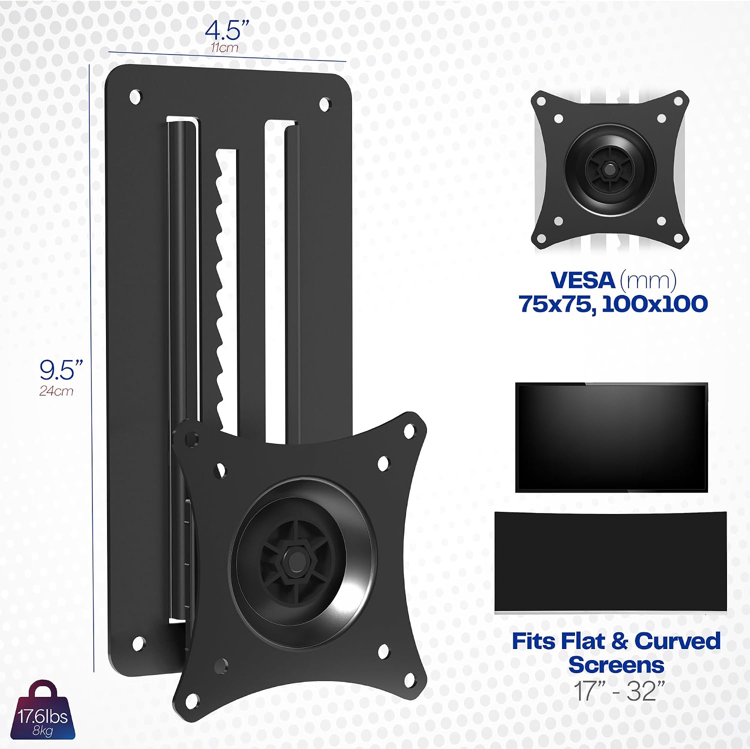 Detalle de VIVO Height Adjustable Single Monitor Wall Mount (MOUNT-VW01A) for 17–32" Screens
