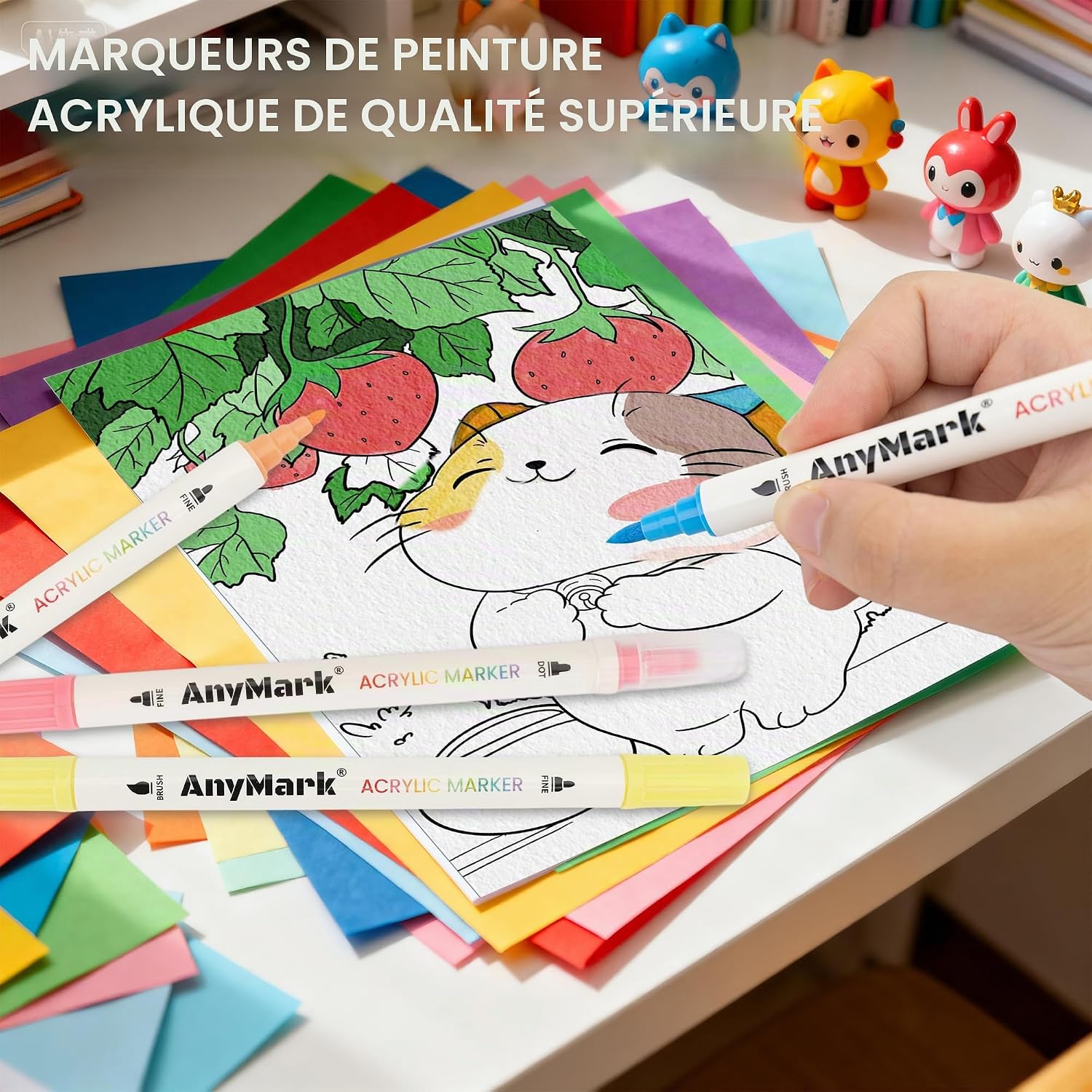 Detalle 2 de AnyMark 24 Couleurs Feutre Acrylique – marqueurs à double pointe (pinceau et pointe fine) pour surfaces variées
