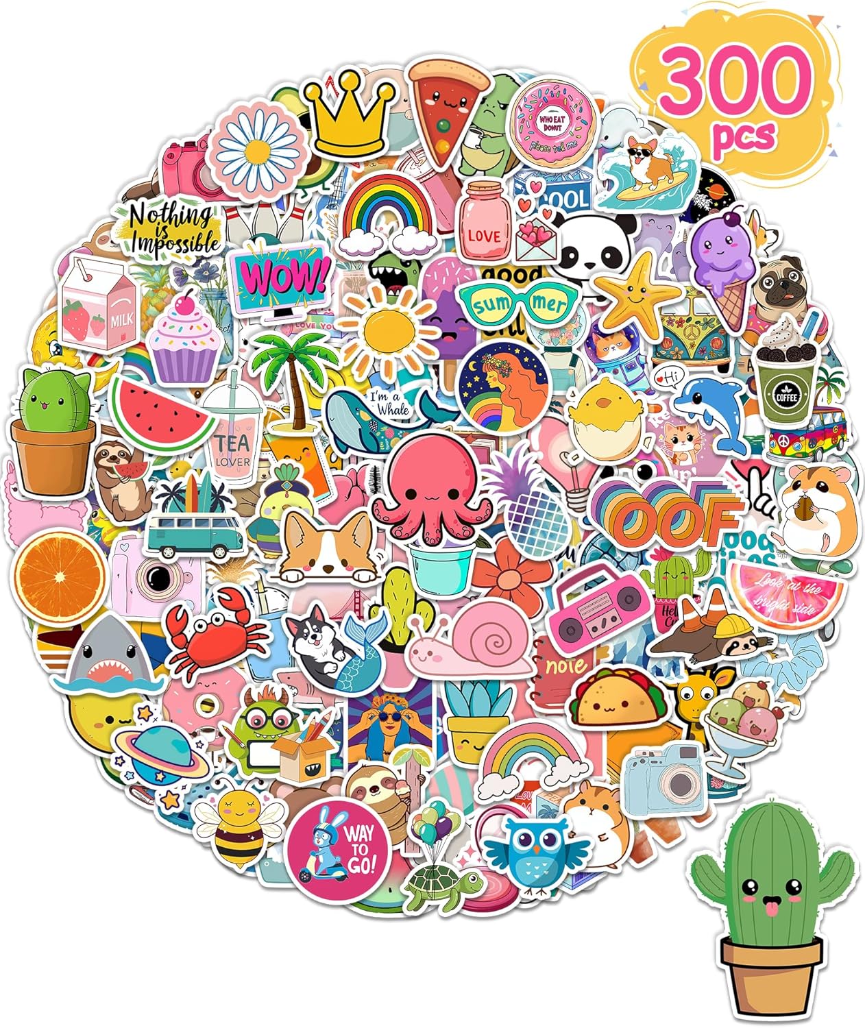 300-Piece Waterproof Vinyl Sticker Pack for Kids, Water Bottle & Laptop Stickers (Cute School Designs)