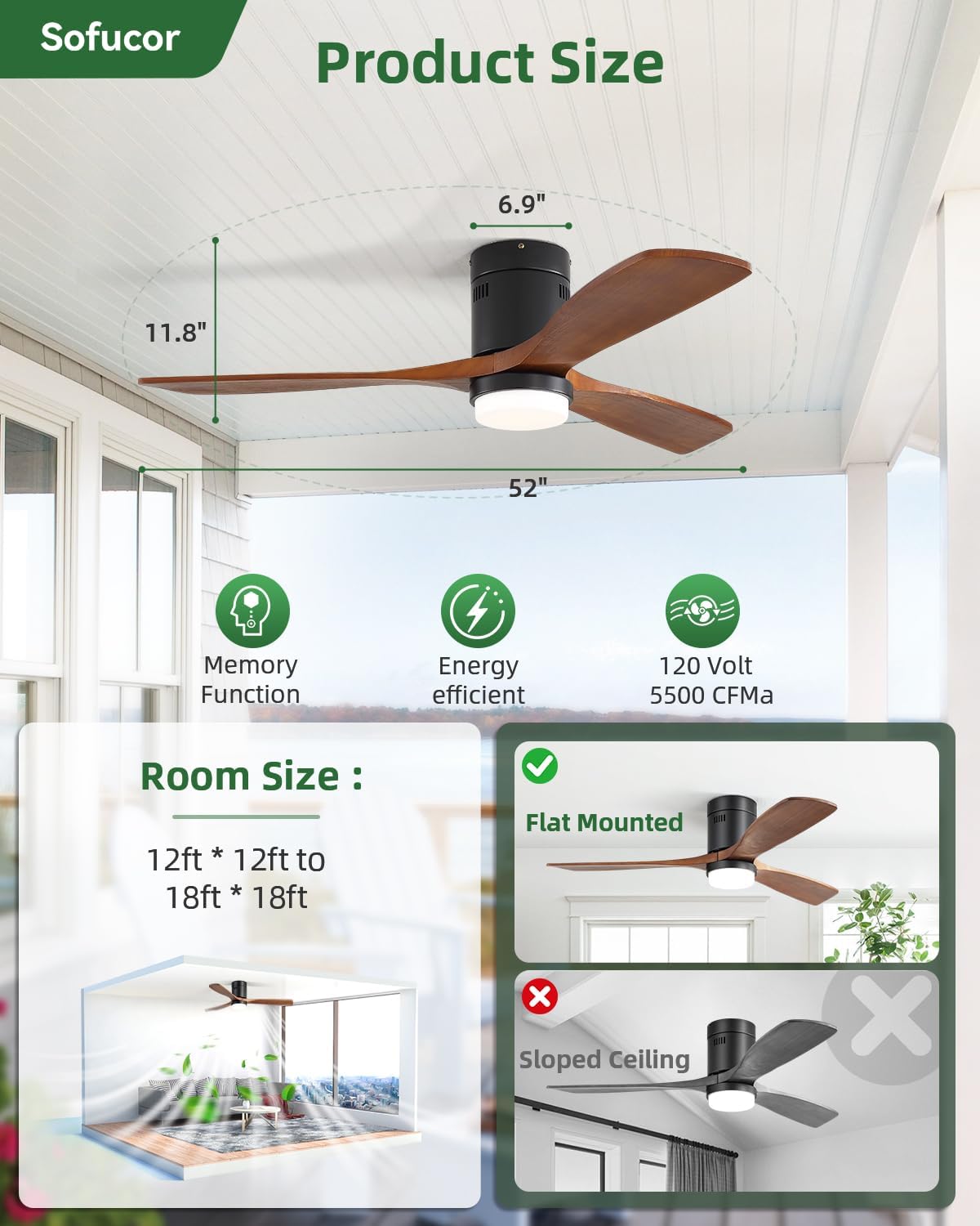 Thumbnail 6 de Sofucor 52 Inch Flush Mount Fan 🌀