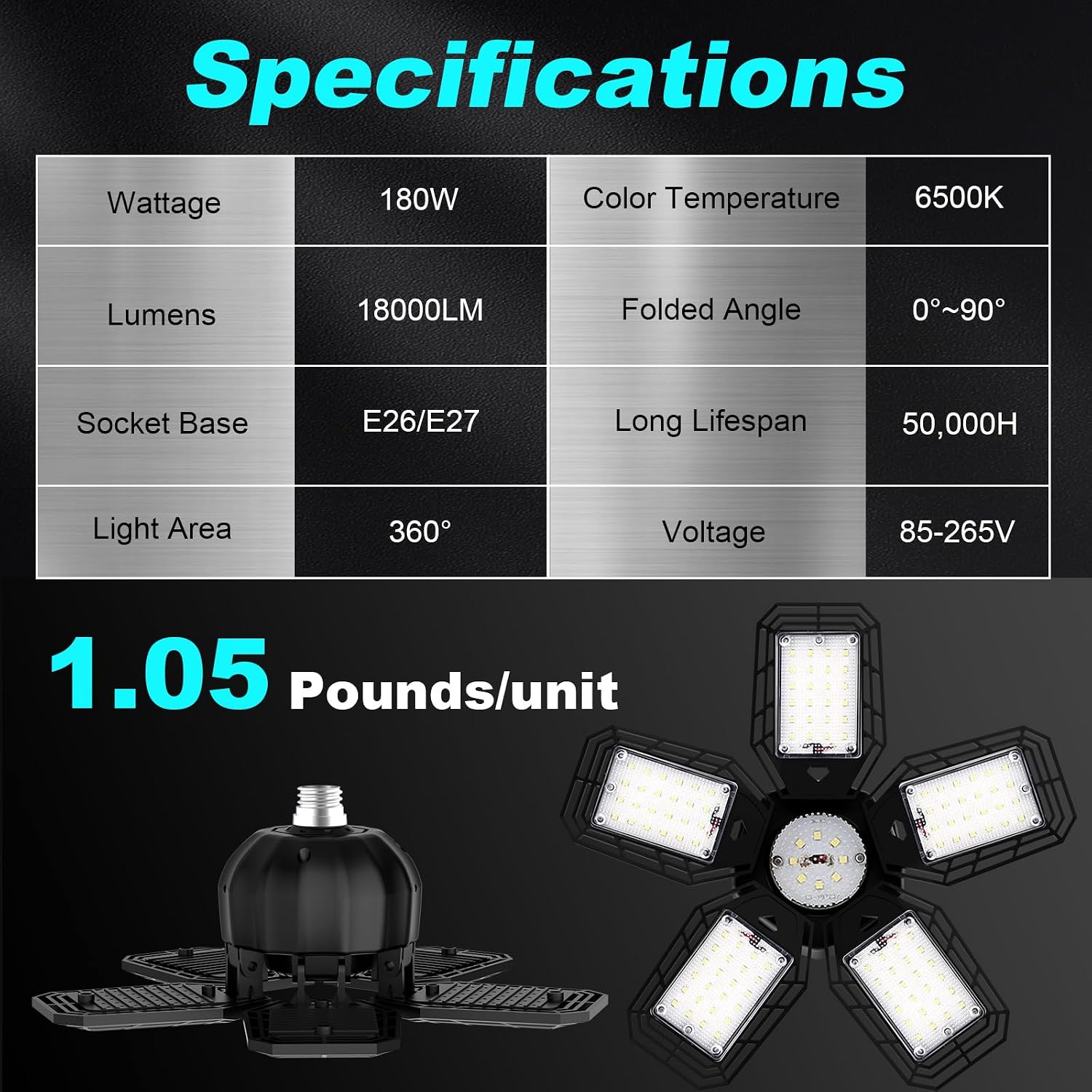 Thumbnail 6 de LUYATA QG-04QS-PHLC LED Garage Light, 2-Pack, 180W, Adjustable Panels