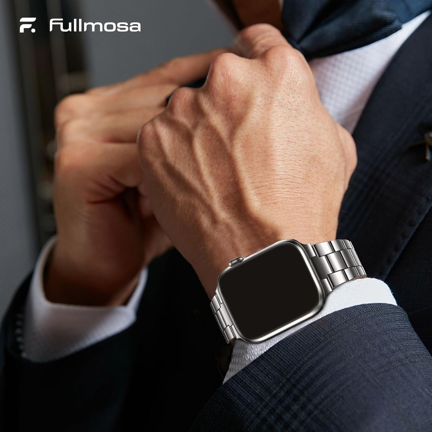 Detalle 2 de Fullmosa Stainless Steel Apple Watch Strap with Case — 38mm/40mm/41mm, Upgraded Solo Link Design for SE to Series 9 (Silver)