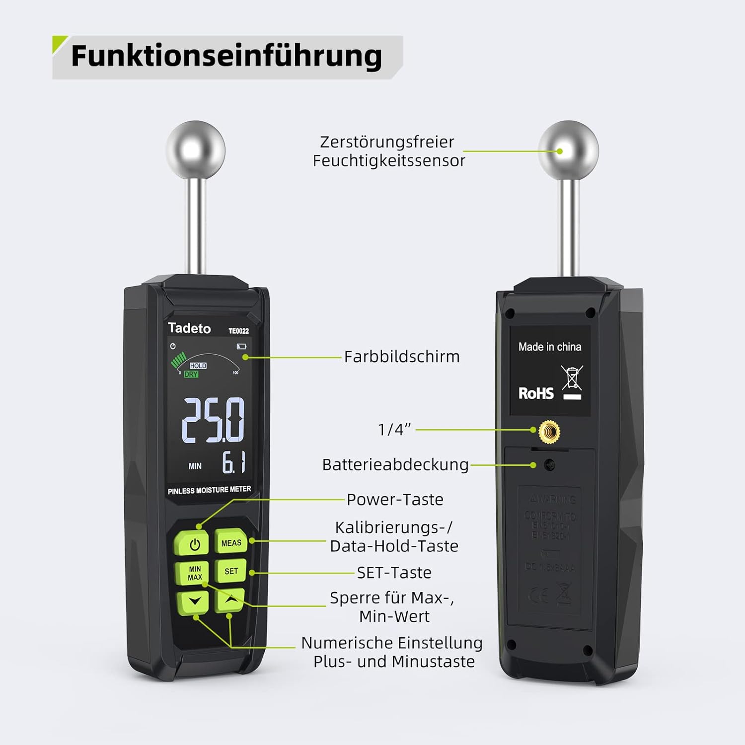 Thumbnail 5 de Tadeto Feuchtemessgerät (20–40 mm Analysietiefe) mit Farb-LCD, Alarm- und Hold-Funktion