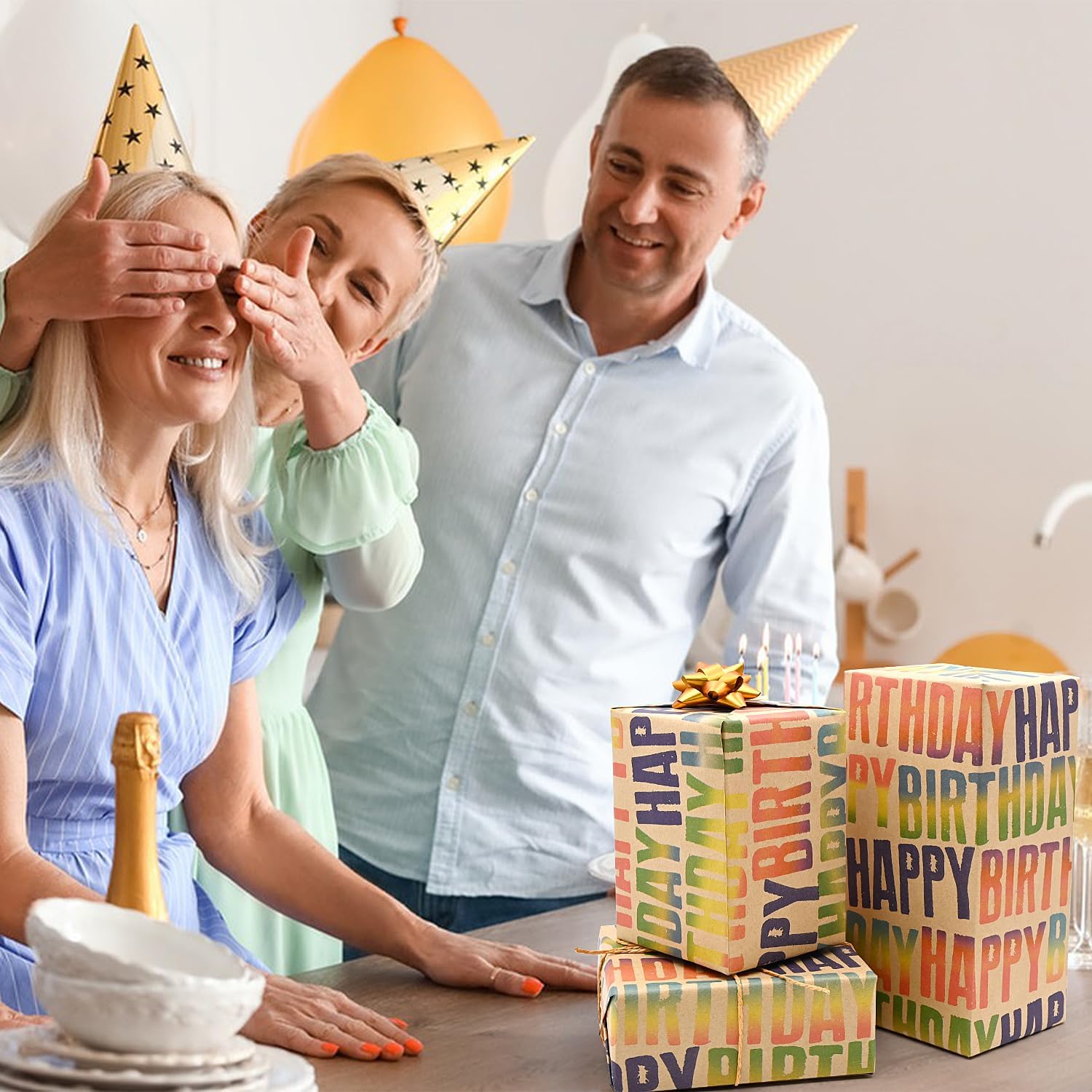 Thumbnail 1 de 43cm x 12m Colorful Birthday Wrapping Paper Roll – Kraft Eco Gift Wrap with “Happy Birthday” Text
