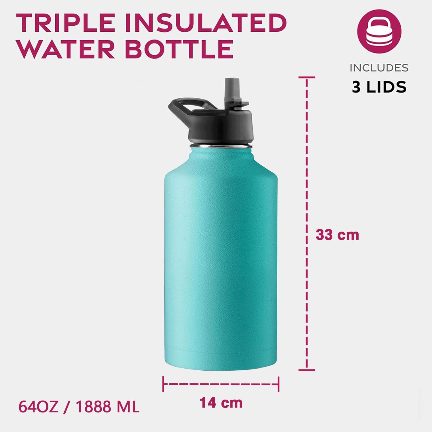 Thumbnail 1 de GARUET Triple-Walled Insulated Stainless Steel Water Bottle with Straw, 1888ml (Cheery Turquoise)
