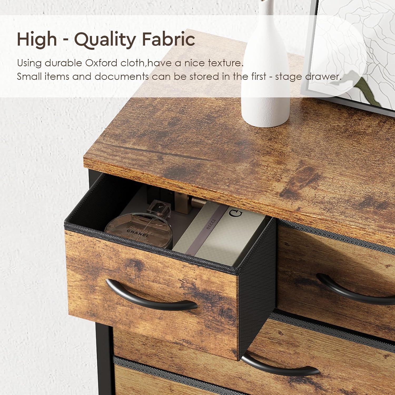 Detalle de YeTom 12-Drawer Dresser, Brown Fabric Bins, 100 cm Wide