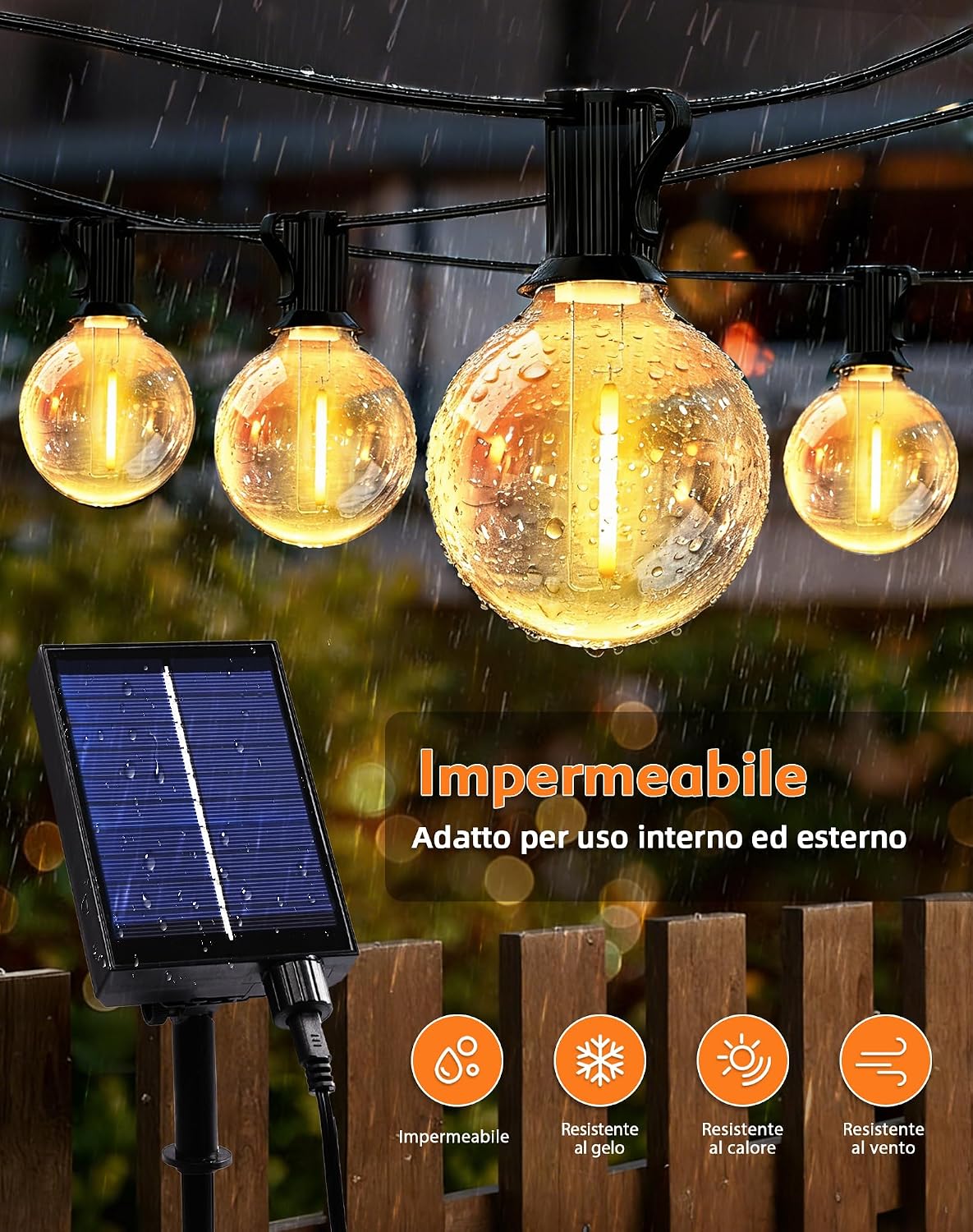 Detalle 2 de Qxmcov Catena Luminosa Esterno Solare 10 m con 15+1 LED G40, IP44, Telecomando