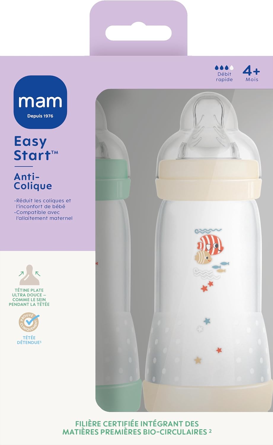 Detalle de MAM Biberons Easy Start Anti-Colique 320 ml (Lot de 2) – Menthe et Coton