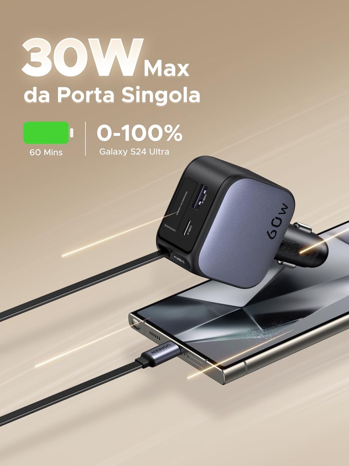 Thumbnail 1 de UGREEN caricatore auto 60W retrattile con USB-C e USB-A (3 porte) per iPhone, Galaxy, Pixel e MacBook