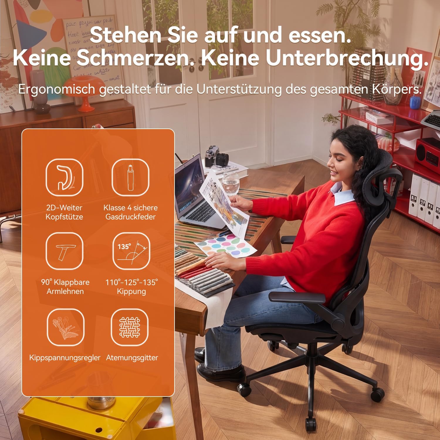Detalle 2 de SIHOO B100 Ergonomischer Bürostuhl – dynamische Lendenstütze, breite Kopfstütze und klappbare Armlehnen