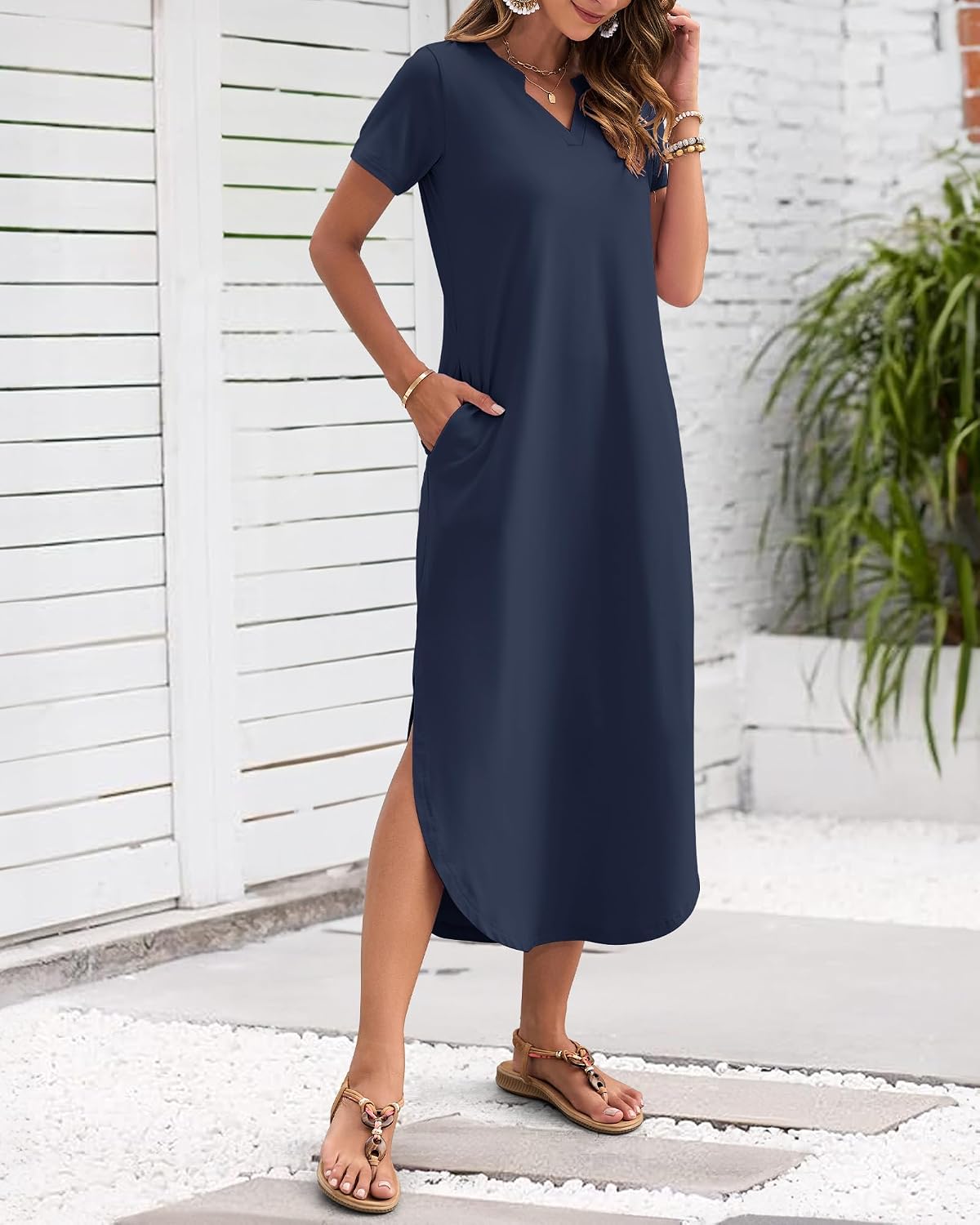 Thumbnail 1 de MISFAY Women’s Summer Maxi Dress 2026 Casual V-Neck T-Shirt Dress with Side Slit and Pockets