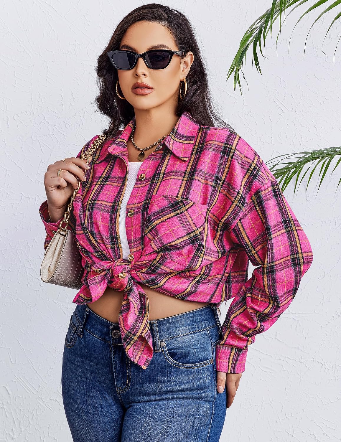 Detalle de IN'VOLAND Women's Plus Size Flannel Shirt, Long Sleeve Button-Down, Cotton Blend
