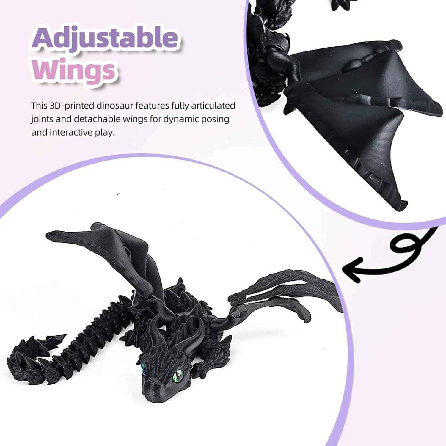 Detalle 2 de Afufu 11.8 Inches 3D Printed Dragon – Articulated Black Dragon for Desk Decor and Stress Relief