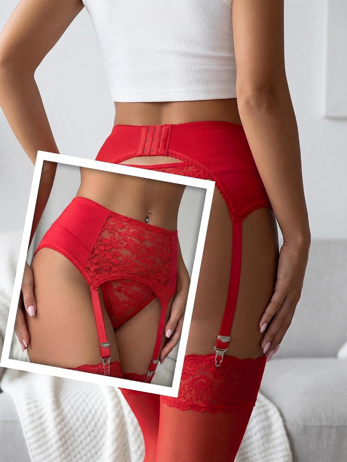 Thumbnail 3 de Eagerlove jarretelriem voor dames van bloemenkant, hoge taille, 6 laniers