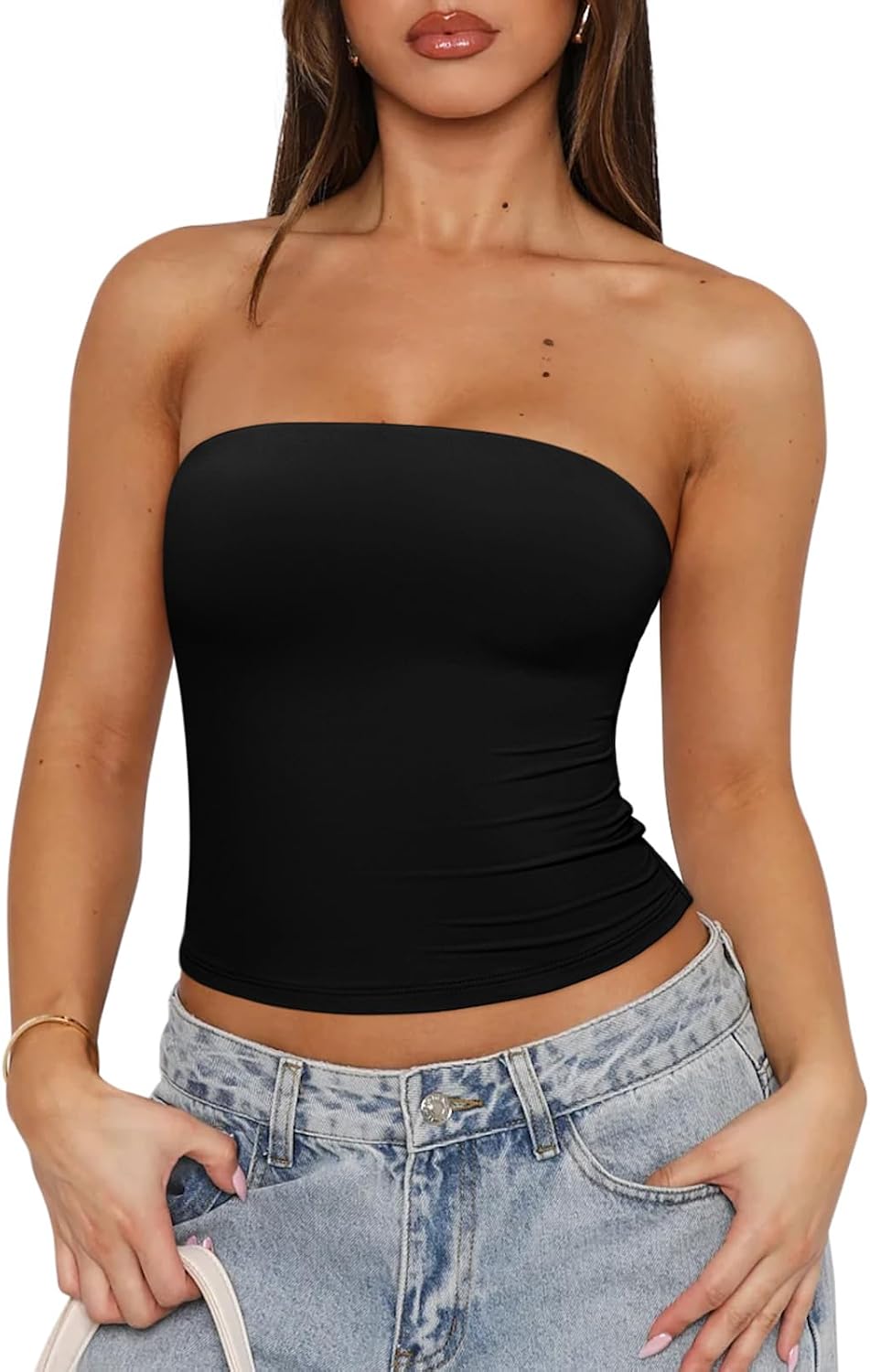 Detalle de REORIA Women's Strapless Tube Top with Double Lining and Non-Slip Backless Design