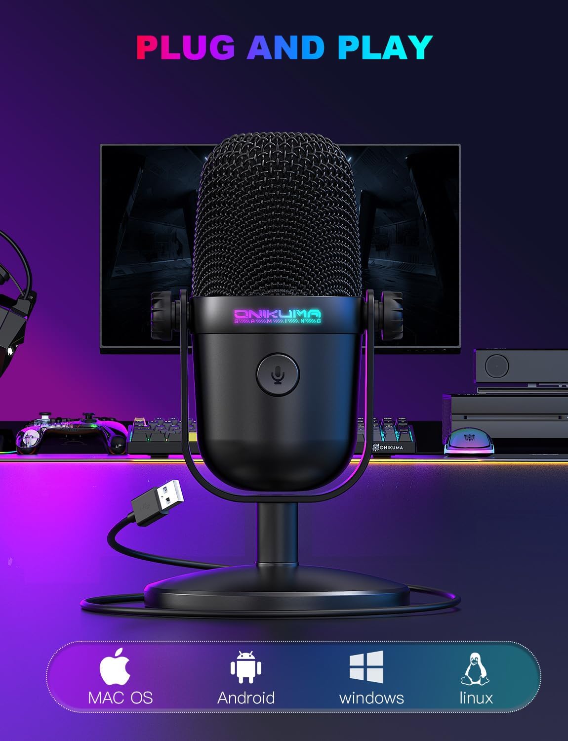 Detalle de ONIKUMA GAMING USB Condenser Gaming Microphone with Noise Cancellation & Mute Button (Black)