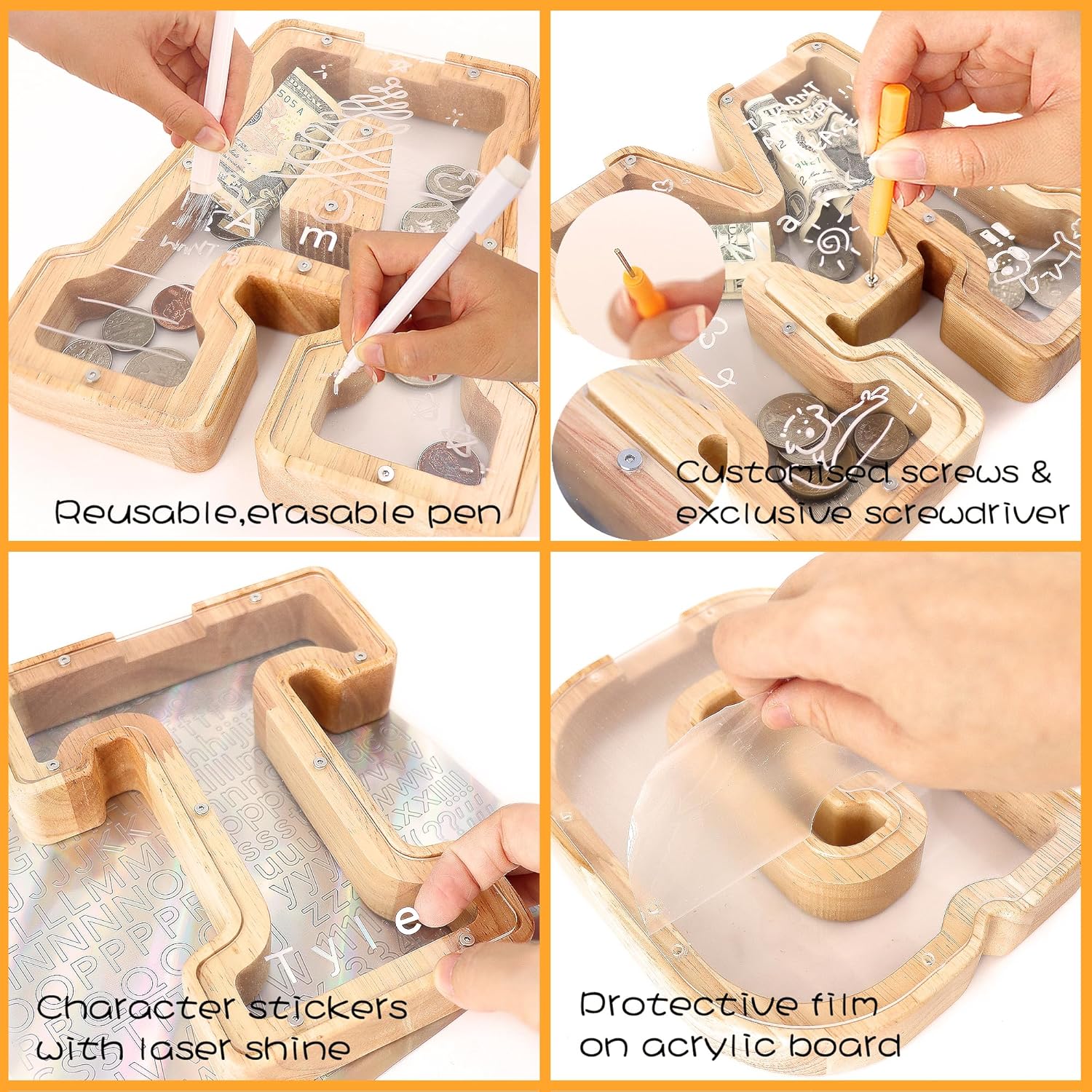 Detalle de Mikytoper Letter Money Box for Kids: Wooden Personalized A-Z Piggy Bank