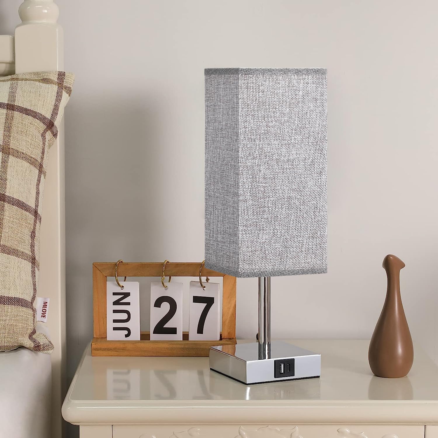 Detalle de Aooshine Bedside Lamps: 3‑Way Dimmable Touch Lamp with USB A+C Ports (Grey Fabric Shade)