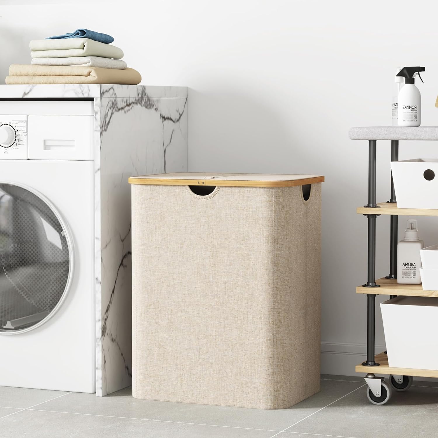 Thumbnail 1 de Lifewit Cesta Portabiancheria 120 L con Coperchio, pieghevole in bambù beige