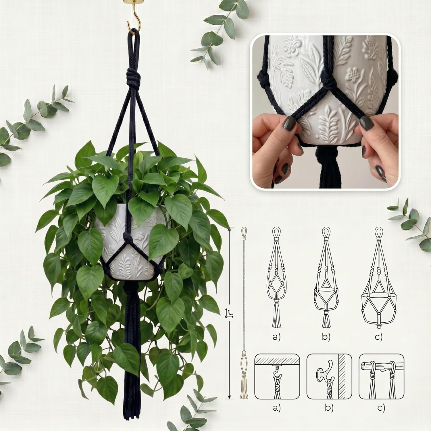 Detalle 1 de APREGGIO Hanging flower stand macramé plantenhanger, zwart katoen, 75 cm