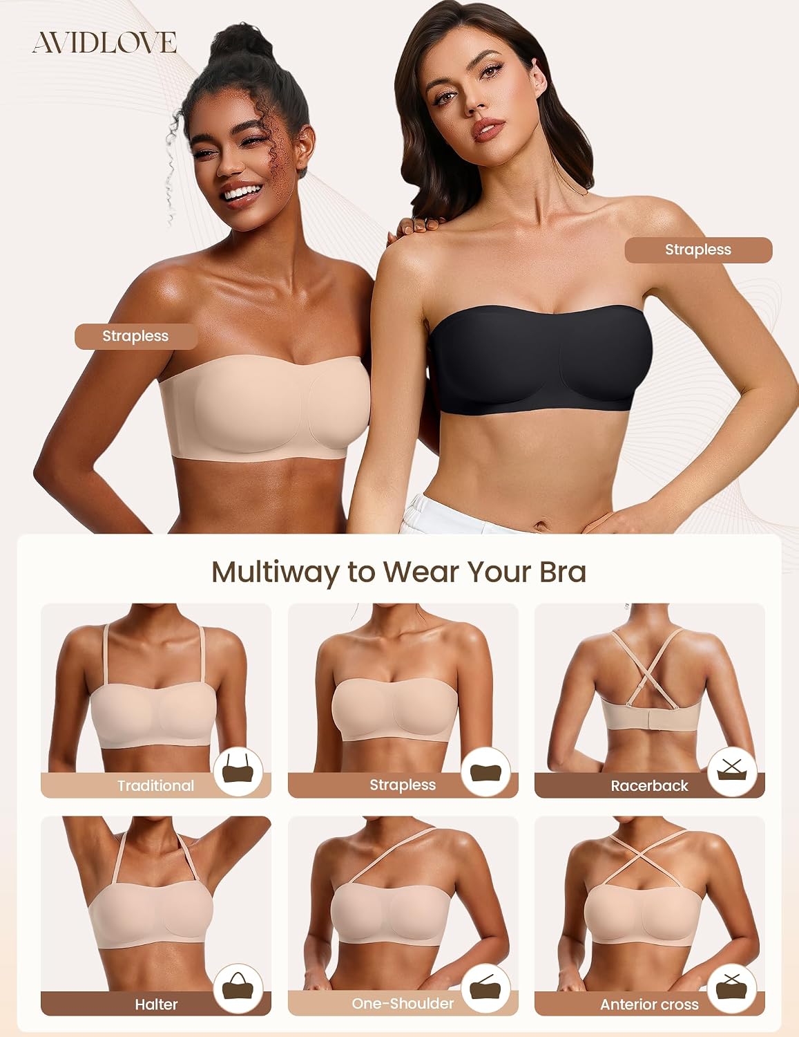 Detalle 2 de Avidlove Strapless Bandeau Bra, Wireless Padded Push-Up Seamless Tube Top