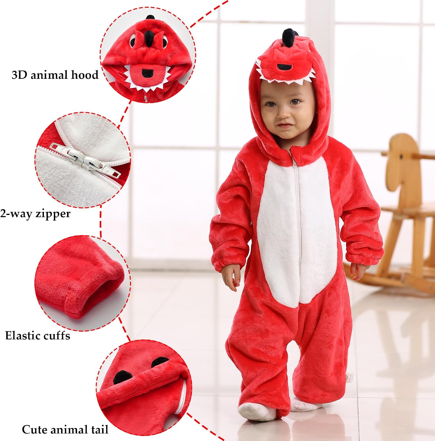 Detalle 2 de TONWHAR bandiangou001 Baby Animal Costume Romper with Flannel Hood and Two-Way Zip