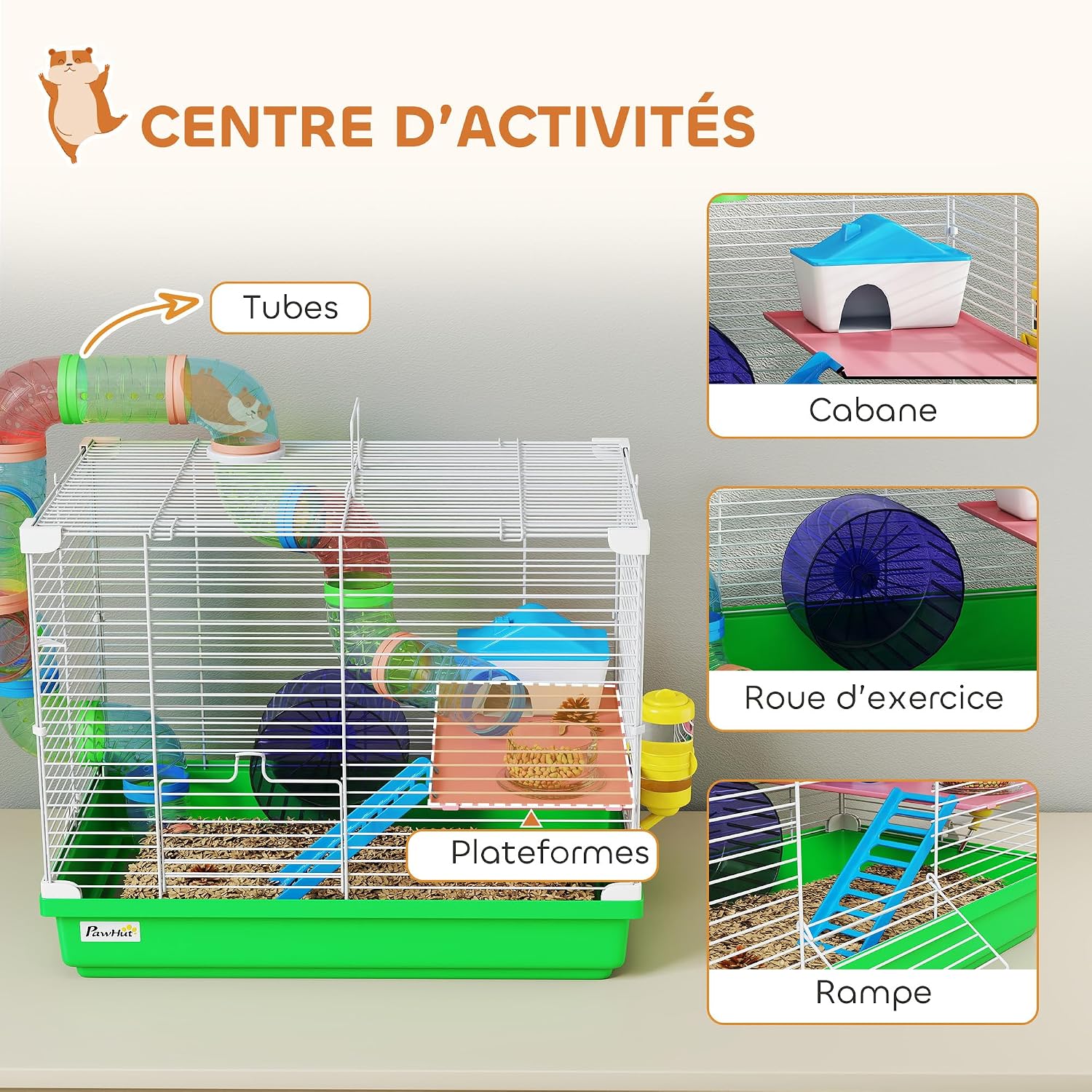 Detalle de PawHut Cage à hamster rongeur 2 niveaux avec tunnel, roue et maisonnette (46 x 30 x 37 cm) – Vert