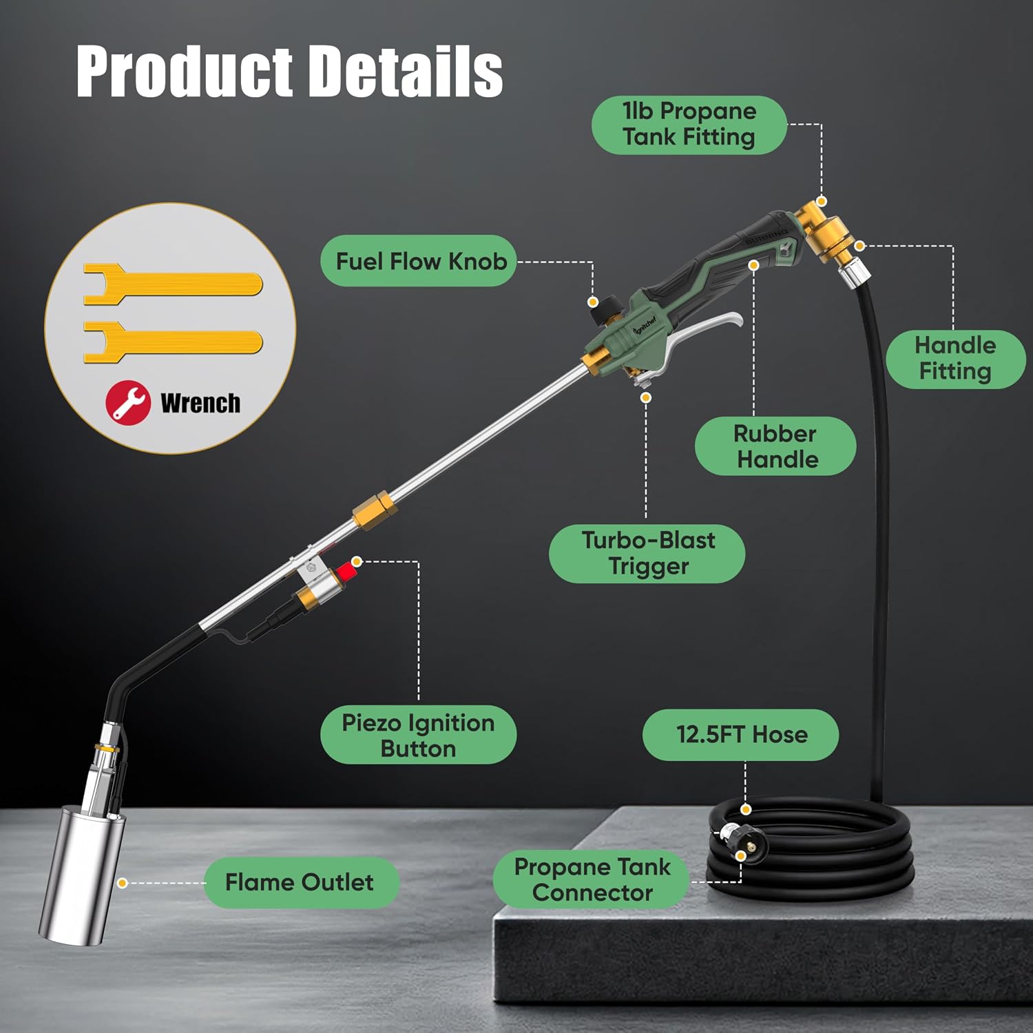 Detalle 2 de IgnitChef Weed Torch, 340,000 BTU, 12.5 ft Hose, Piezo Igniter