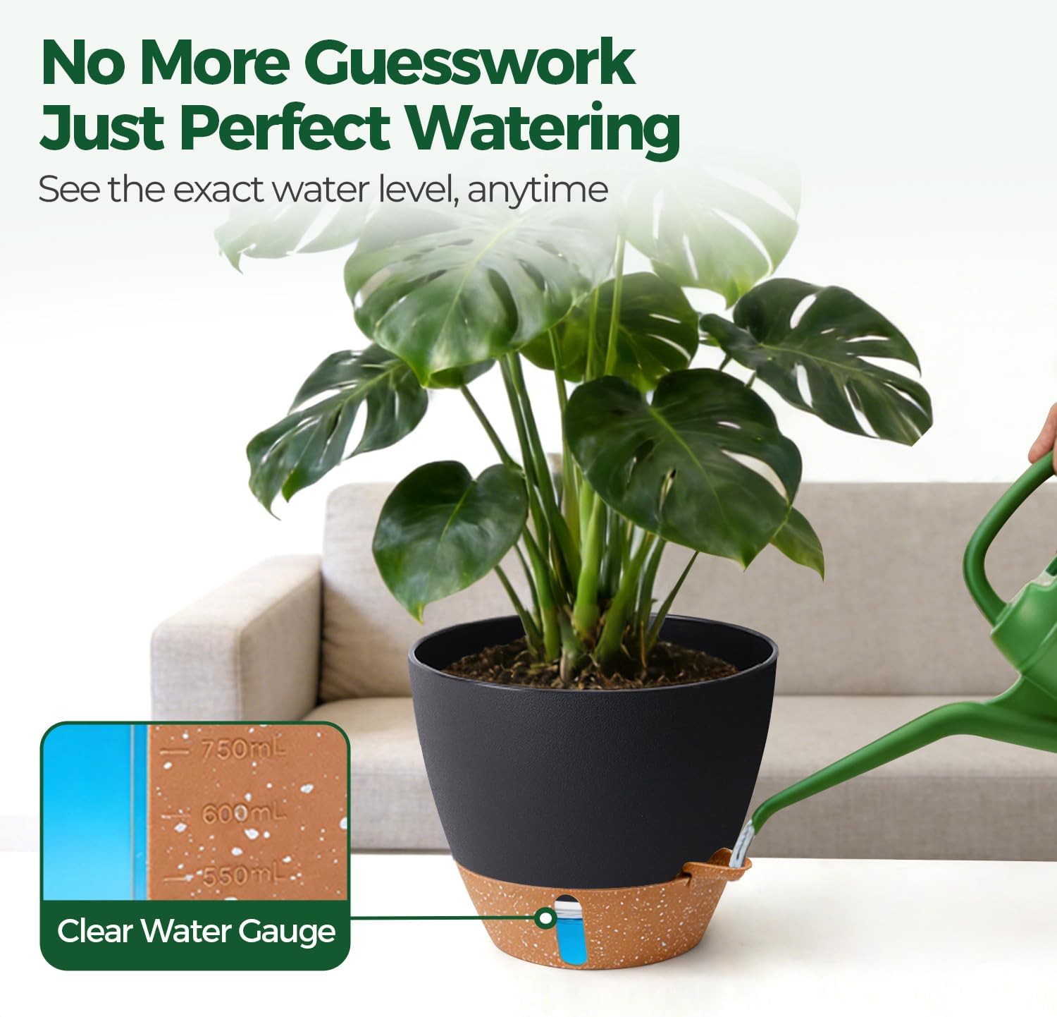 Thumbnail 5 de T4U 25cm Self Watering Plant Pots (2 Pack) with Water Level Indicator & Deep Reservoir, Black