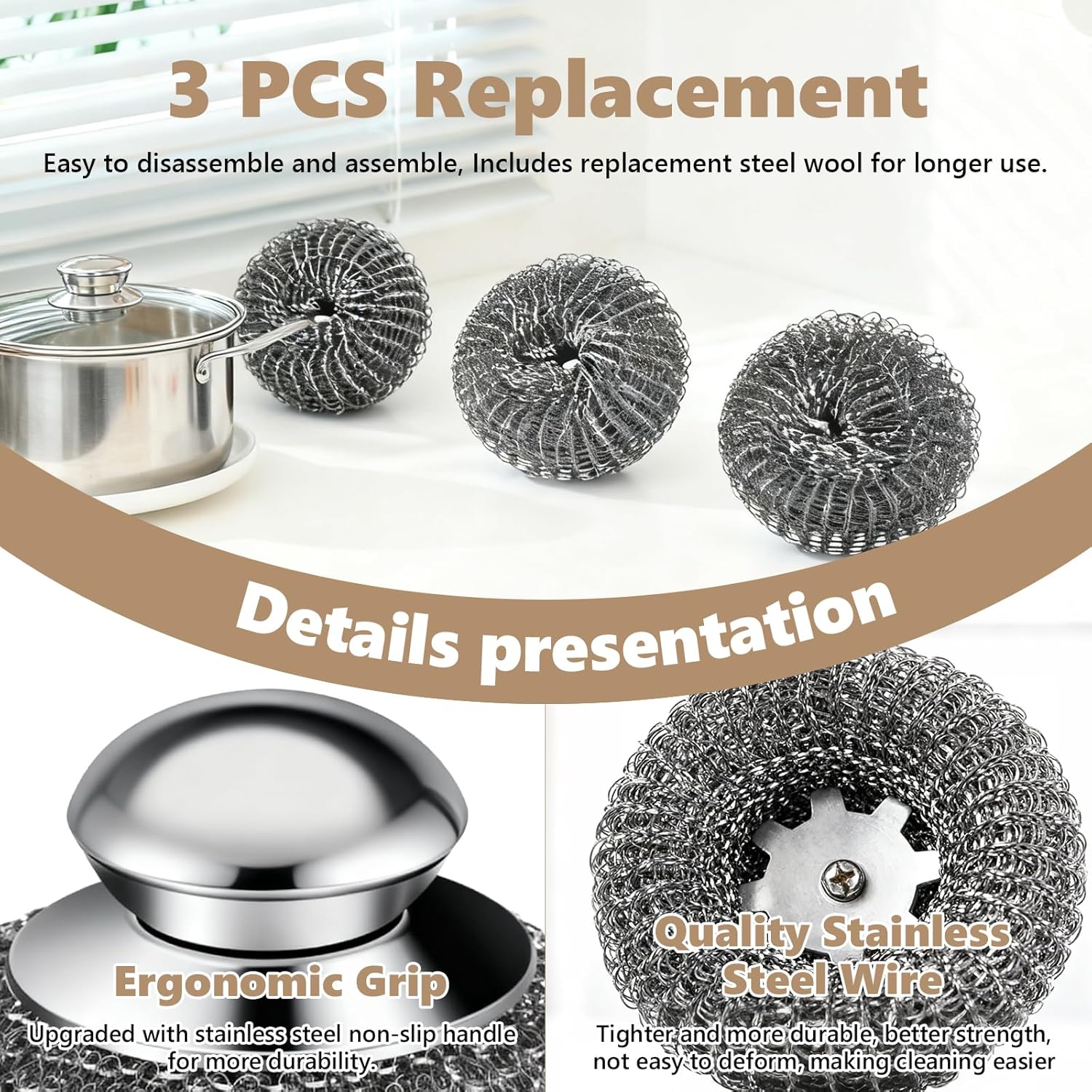 Detalle de Steel Wool Scrubber, 4-Pack with Handle: Durable Stainless Steel Cleaning Pad Set for Kitchen and Beyond