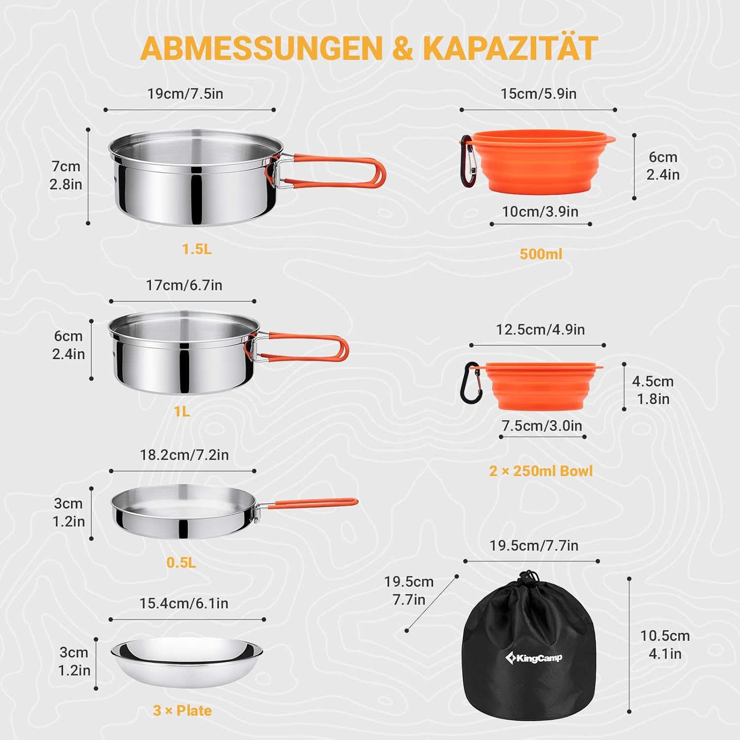 Detalle 2 de KingCamp Camping Geschirr Set – 22-teiliges Edelstahl-Set für 3 Personen