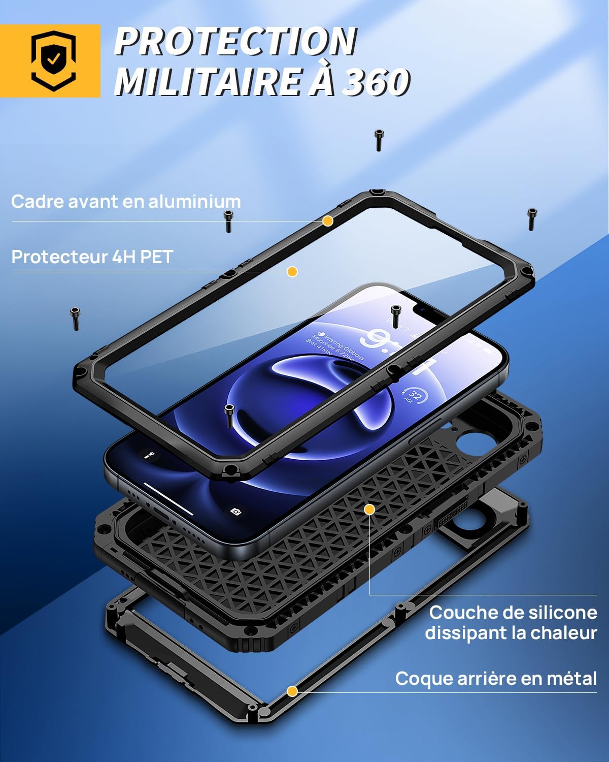 Thumbnail 5 de Coque Lanhiem Métal militaire antichoc IP68 avec écran intégré pour iPhone 17e / 16e (noir)