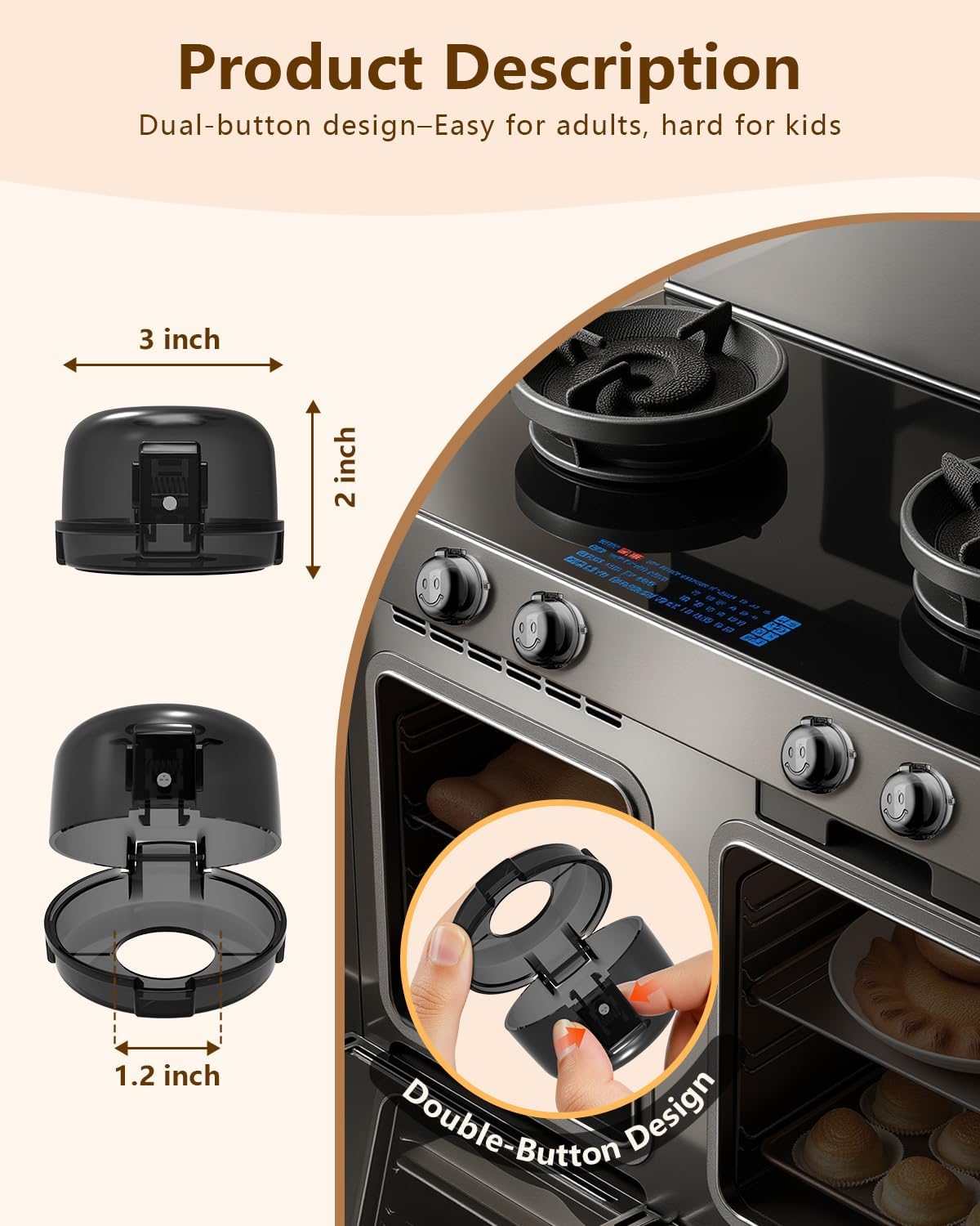 Detalle 2 de BBsecure Stove Knob Covers--Balck Stove Safety Covers, 5-Pack, Dual-Button Lock