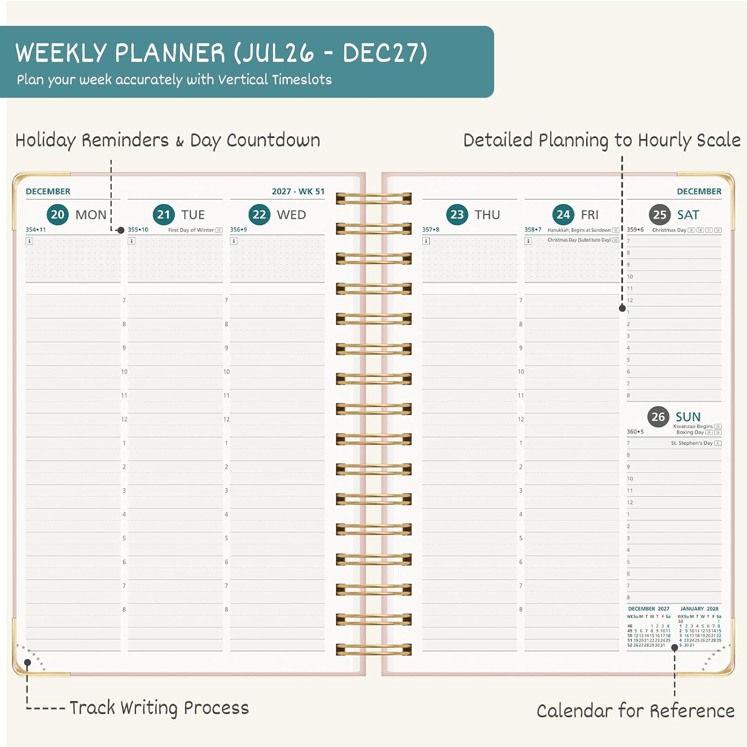 Detalle de BEZEND A5 Academic Diary 2026-2027: Week to View, Floral Pink Hardcover