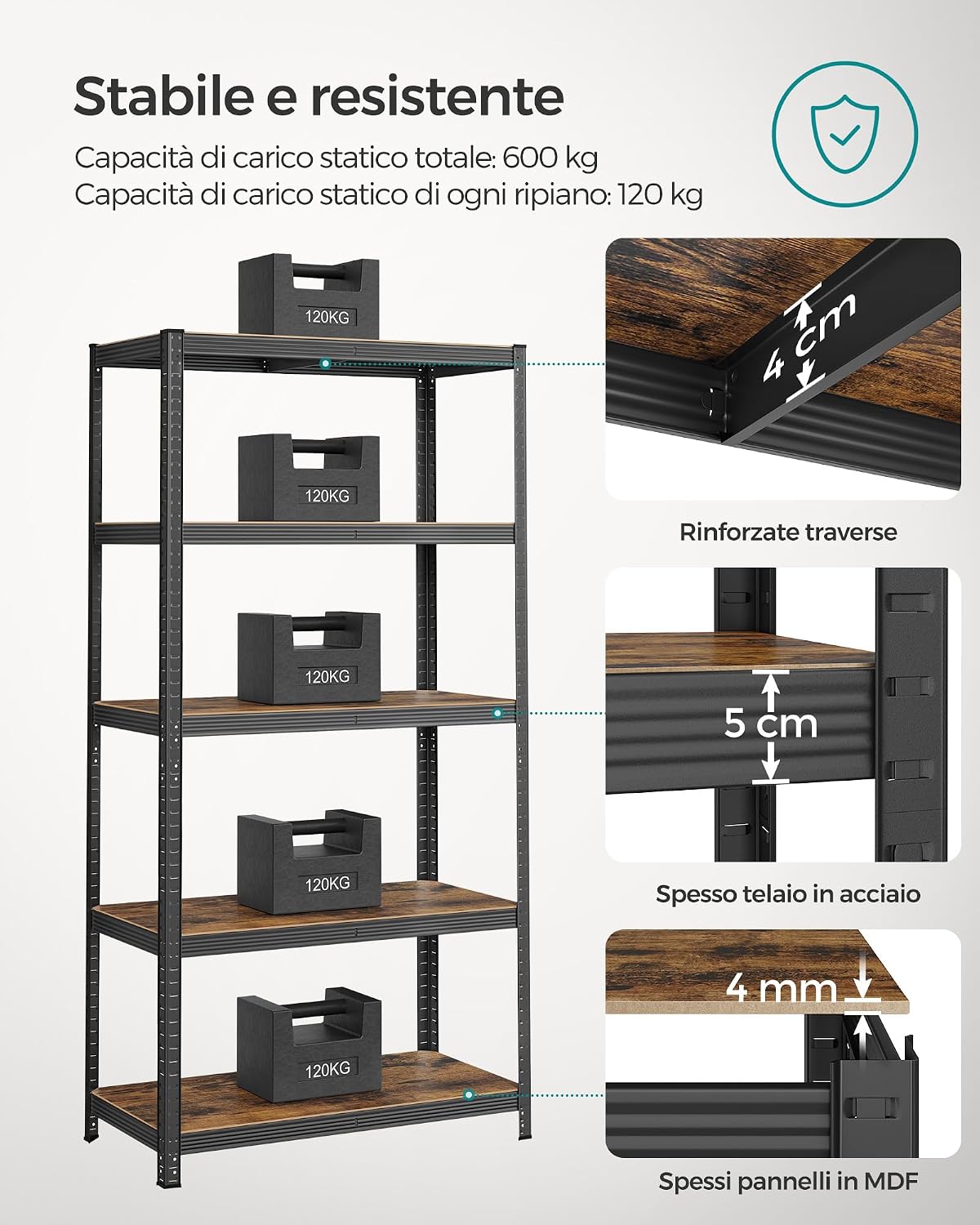 Thumbnail 4 de SONGMICS Scaffalatura GLR050B11, 50 x 100 x 200 cm, portata 600 kg, ripiani regolabili, stile vintage marrone e nero