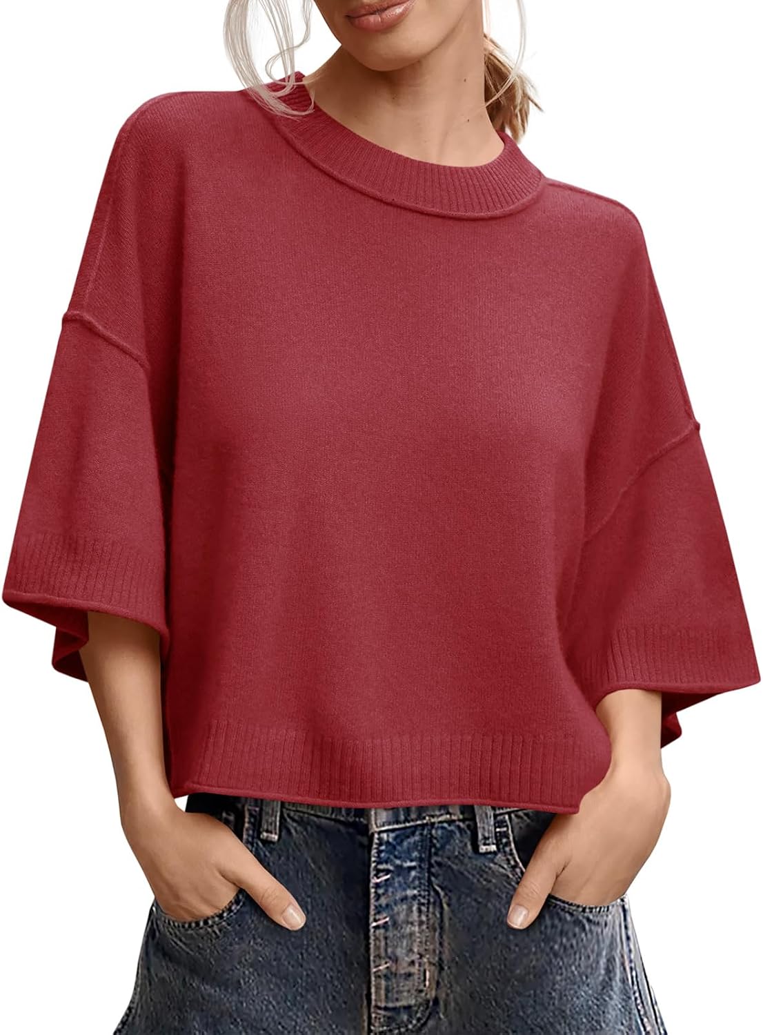 Detalle de Saodimallsu Women's Oversized Cropped Short-Sleeve Knit Sweater, Crew Neck
