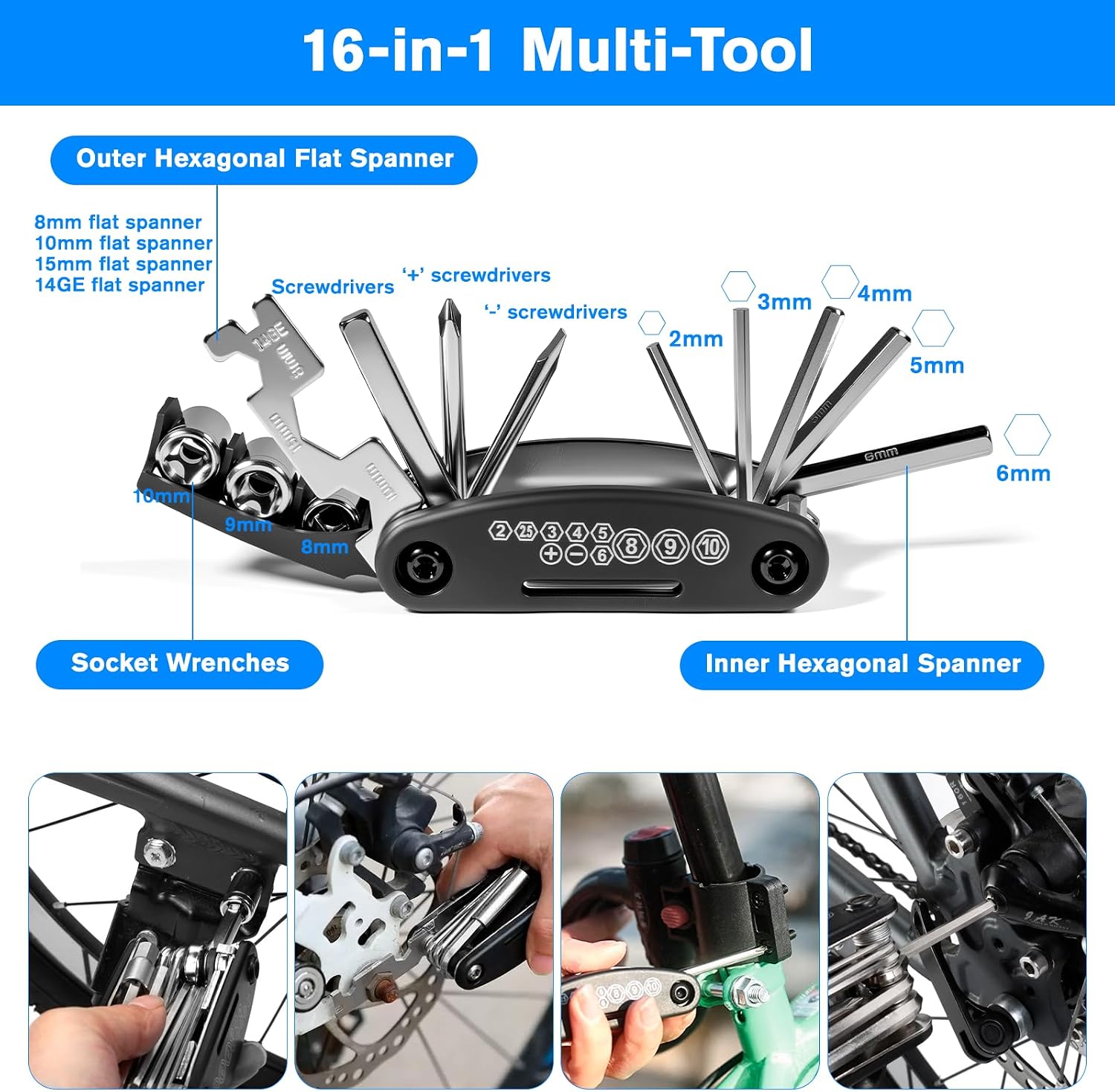Thumbnail 1 de Carehabi 39 PCS Kit de réparation de vélo (crevaison) avec outil 16 en 1 et mini-pompe 120 PSI