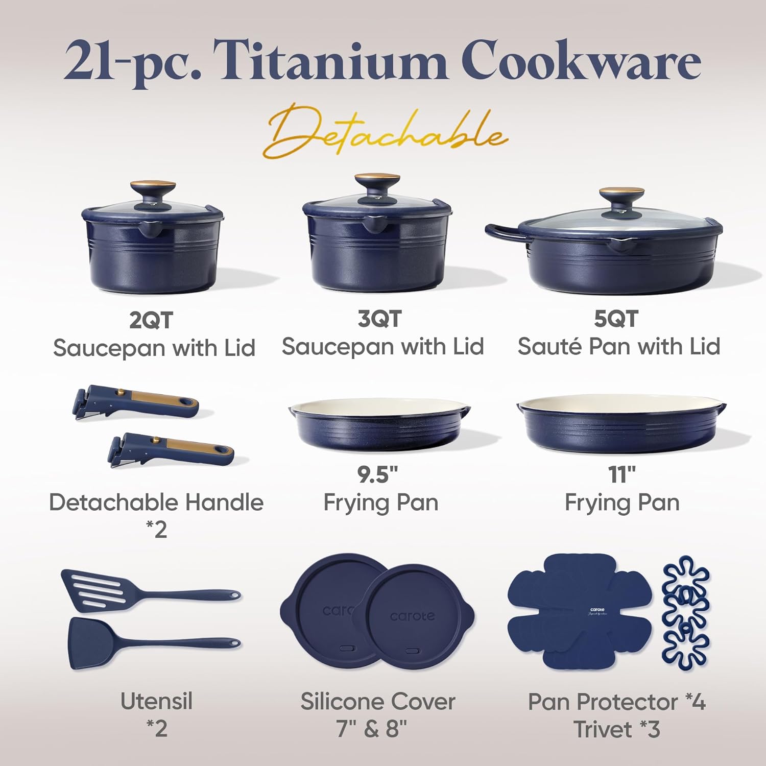 Detalle 2 de CAROTE 22-Piece Titanium Cookware Set with Detachable Handle (Blue)