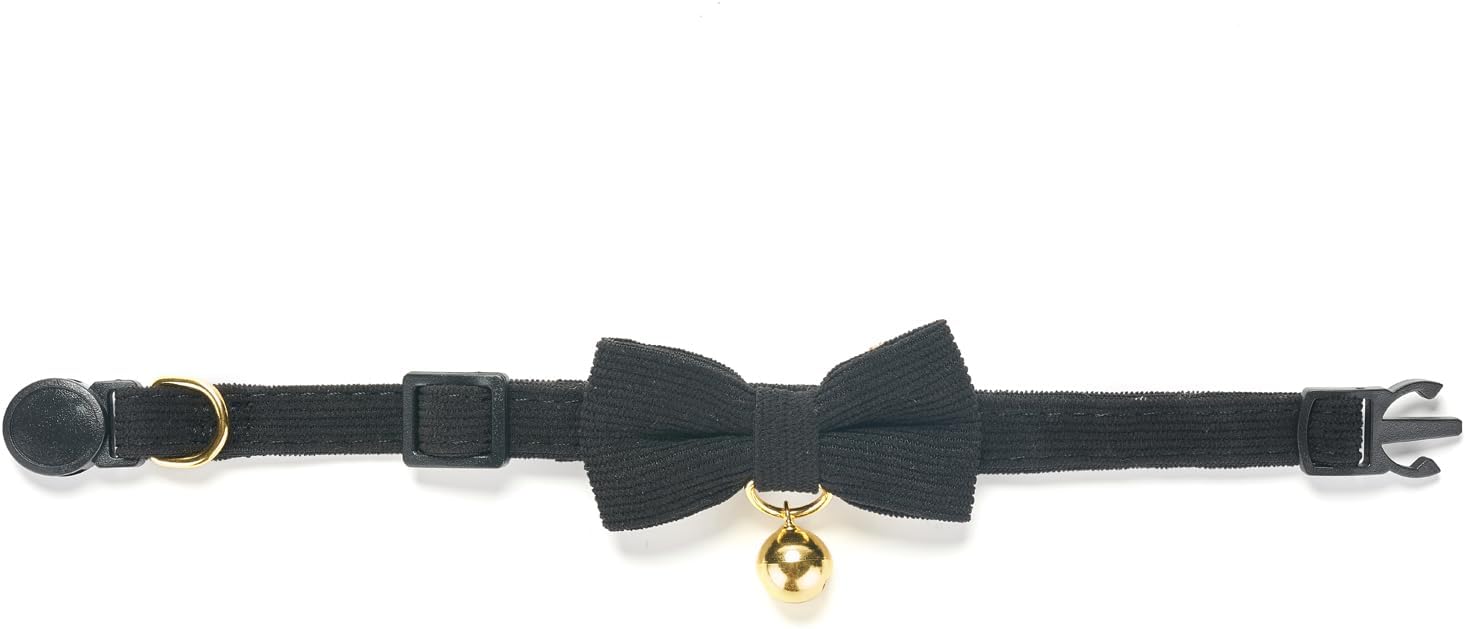 Detalle de Cute Cat Collars With Bow – Quick Release Safety Buckle, Bells, Corduroy Comfort (Black / Red or Green options) — Pack of 1