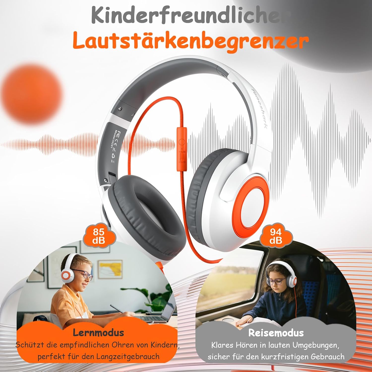 Detalle de TONOSHARK Kinder-Kopfhörer mit Kabel, klappbar & Mikrofon inkl. Gehörschutz (85/94 dB) – für Homeschooling & Unterricht (weiß)