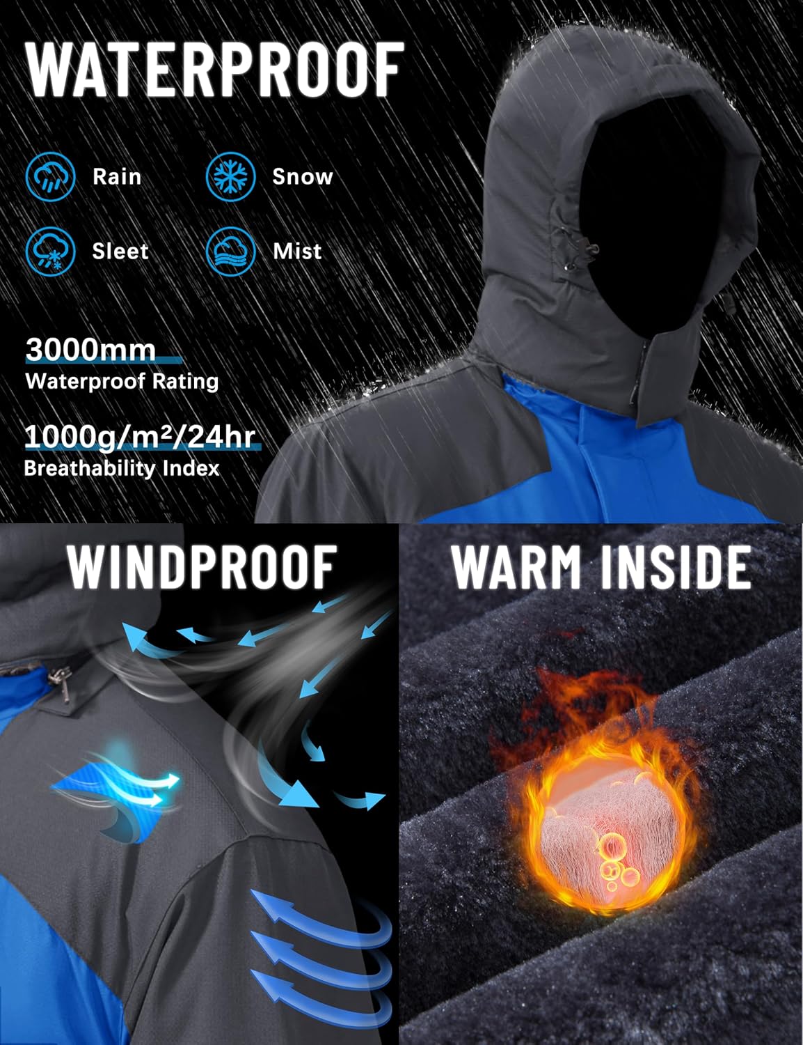 Detalle de TACVASEN Men's Winter Ski Jacket, Waterproof Shell and Fleece Lining